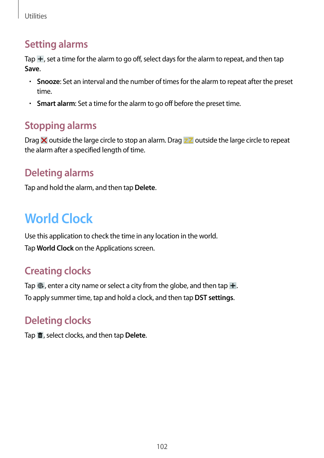 Samsung GT-N5100 World Clock, Setting alarms, Stopping alarms, Deleting alarms, Creating clocks, Deleting clocks 