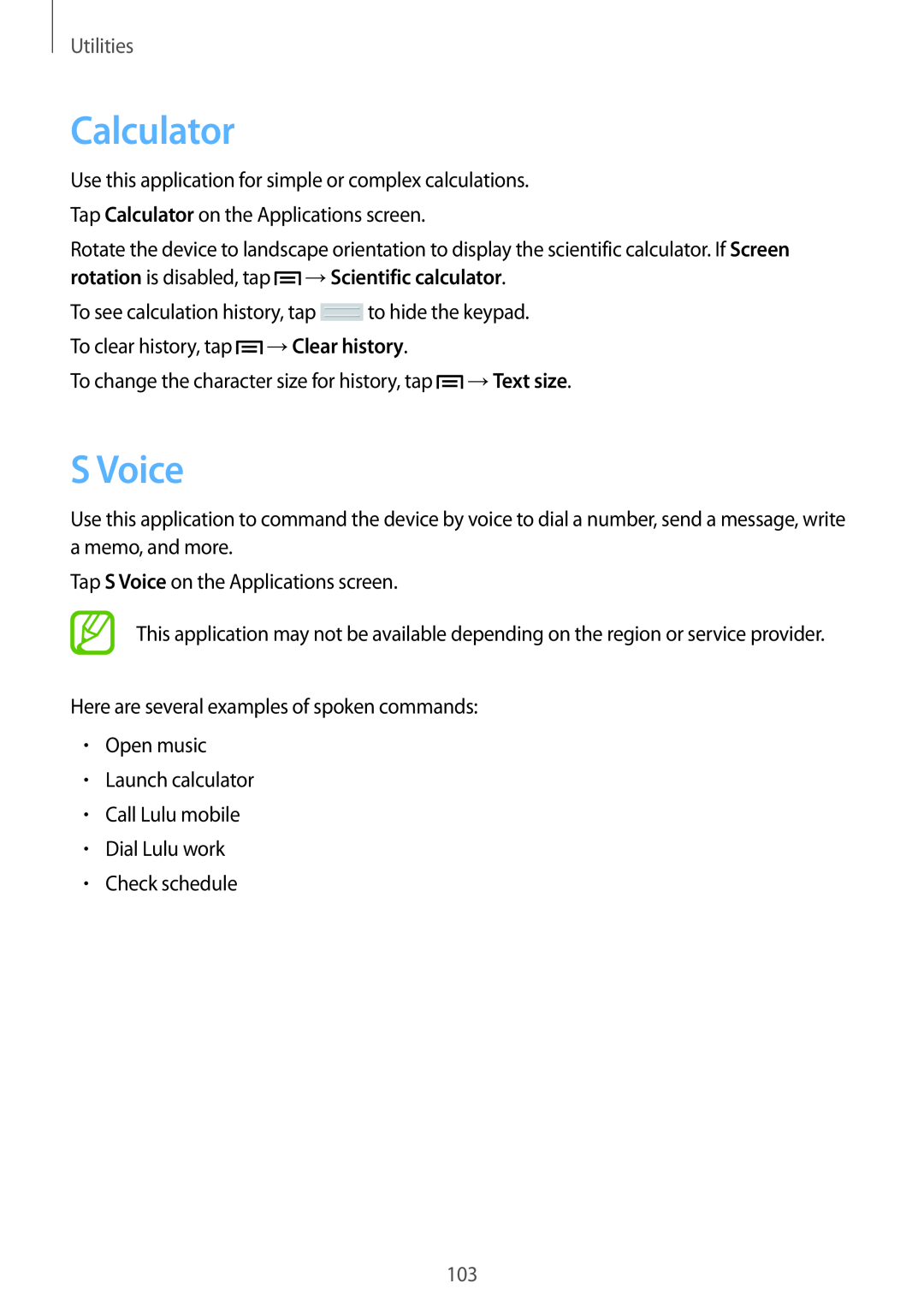 Samsung GT-N5100 user manual Calculator, S Voice, →Scientific calculator, →Clear history, Utilities 