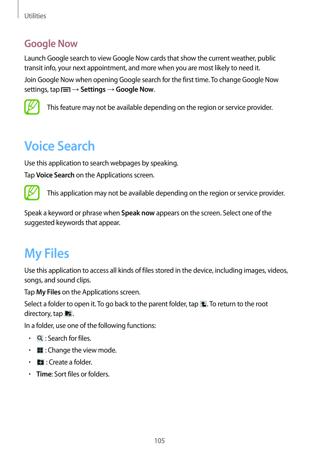Samsung GT-N5100 user manual Voice Search, My Files, Google Now, Utilities 