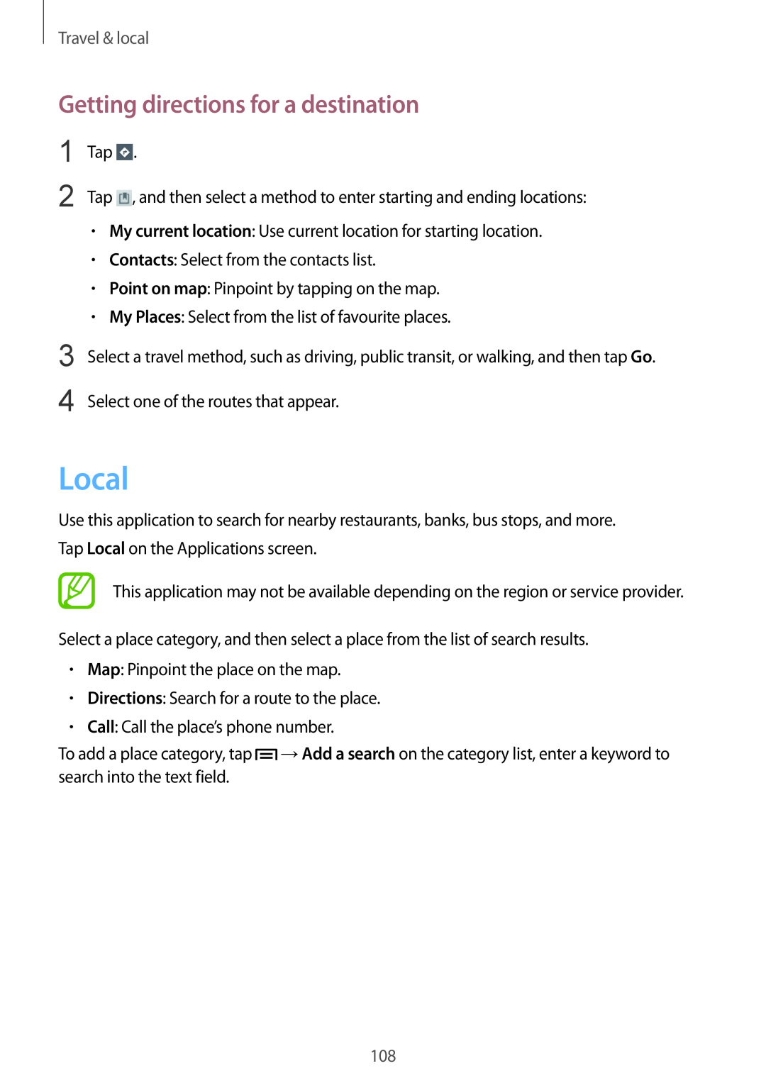 Samsung GT-N5100 user manual Local, Getting directions for a destination, Travel & local 