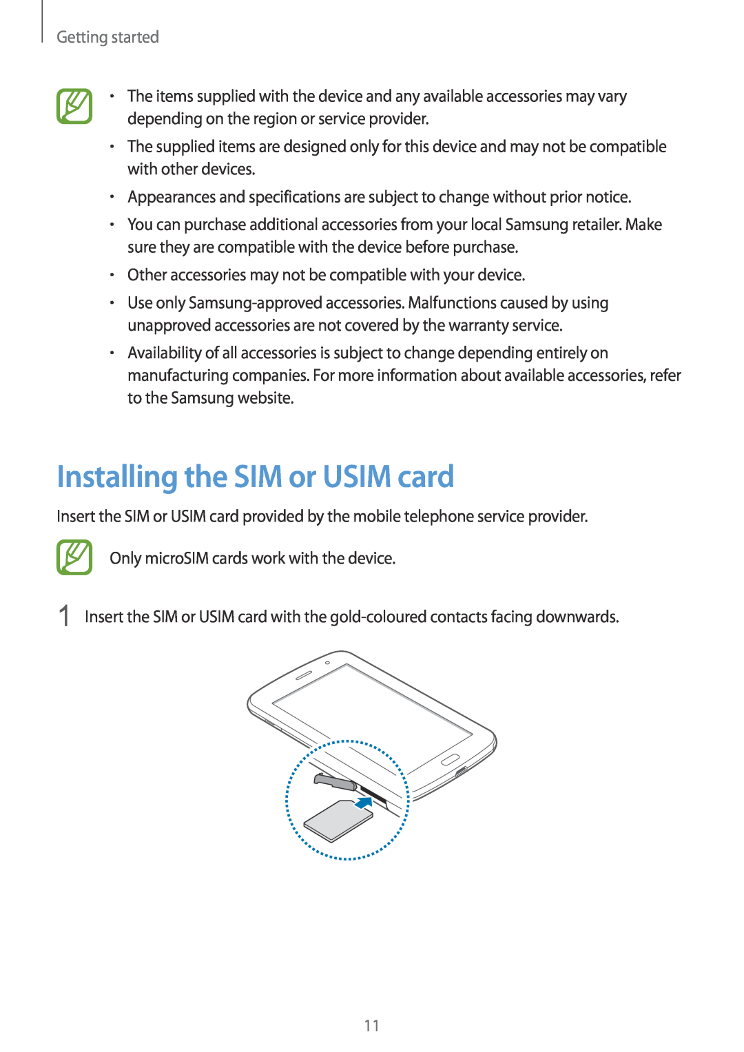Samsung GT-N5100 user manual Installing the SIM or USIM card, Getting started 