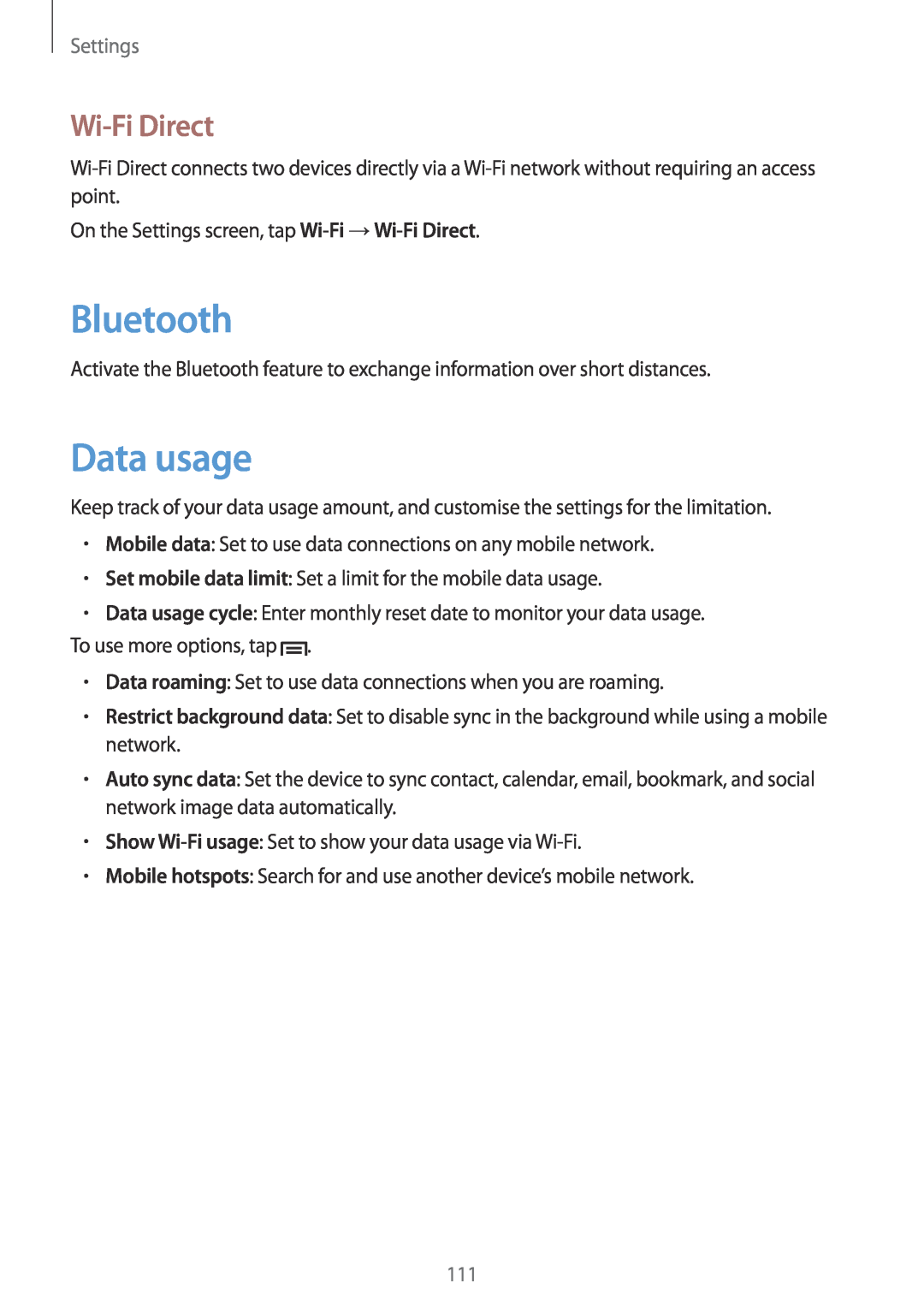 Samsung GT-N5100 user manual Data usage, Wi-Fi Direct, Settings, Bluetooth 
