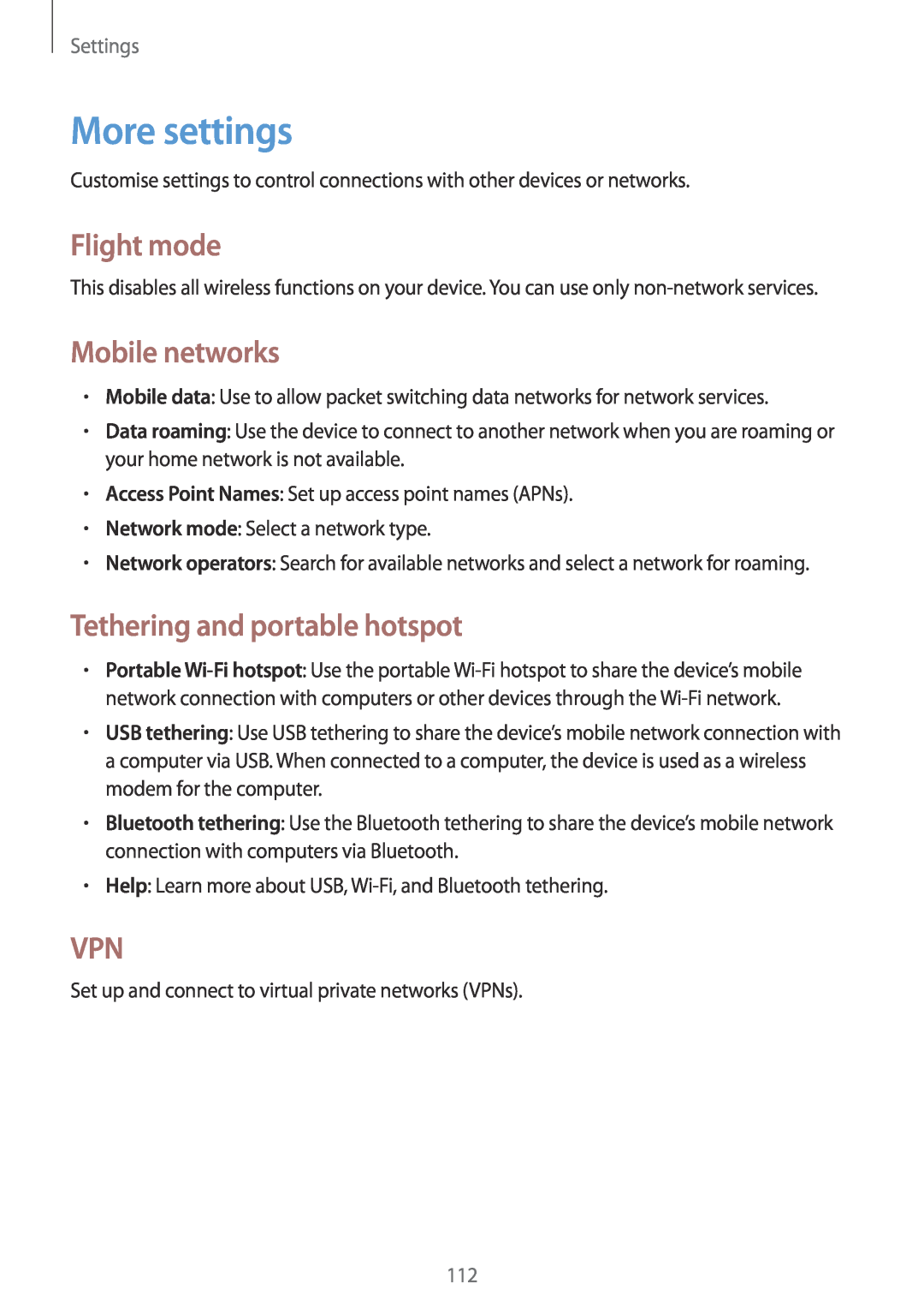 Samsung GT-N5100 user manual More settings, Flight mode, Mobile networks, Tethering and portable hotspot, Settings 