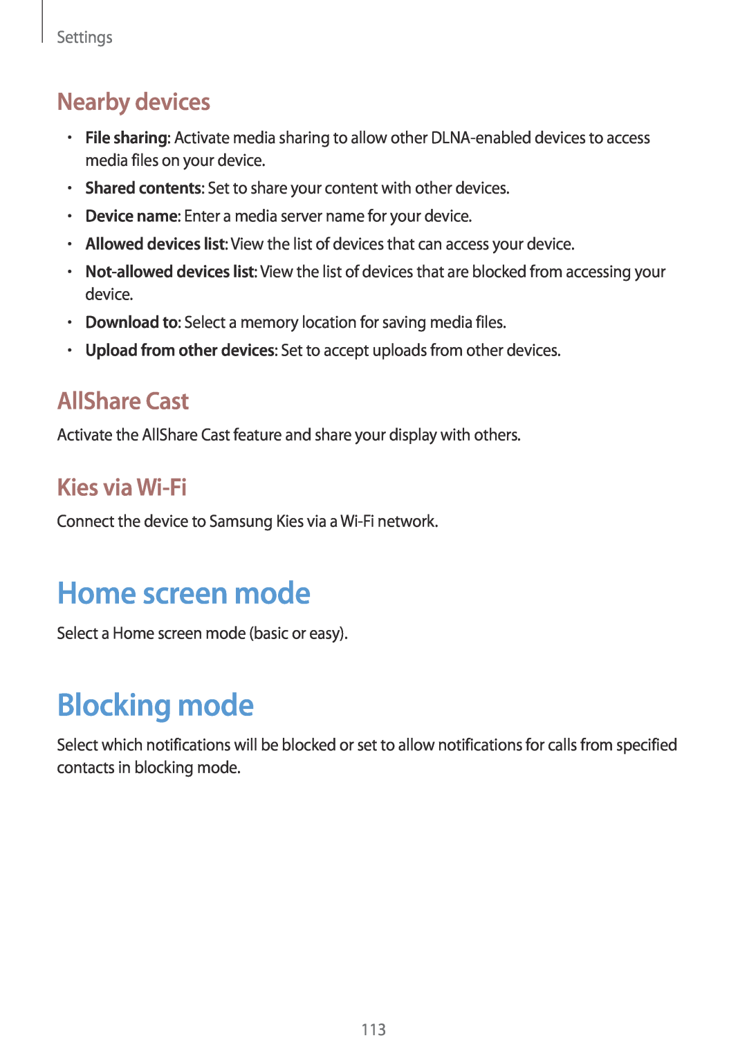 Samsung GT-N5100 user manual Home screen mode, Blocking mode, Nearby devices, AllShare Cast, Kies via Wi-Fi, Settings 