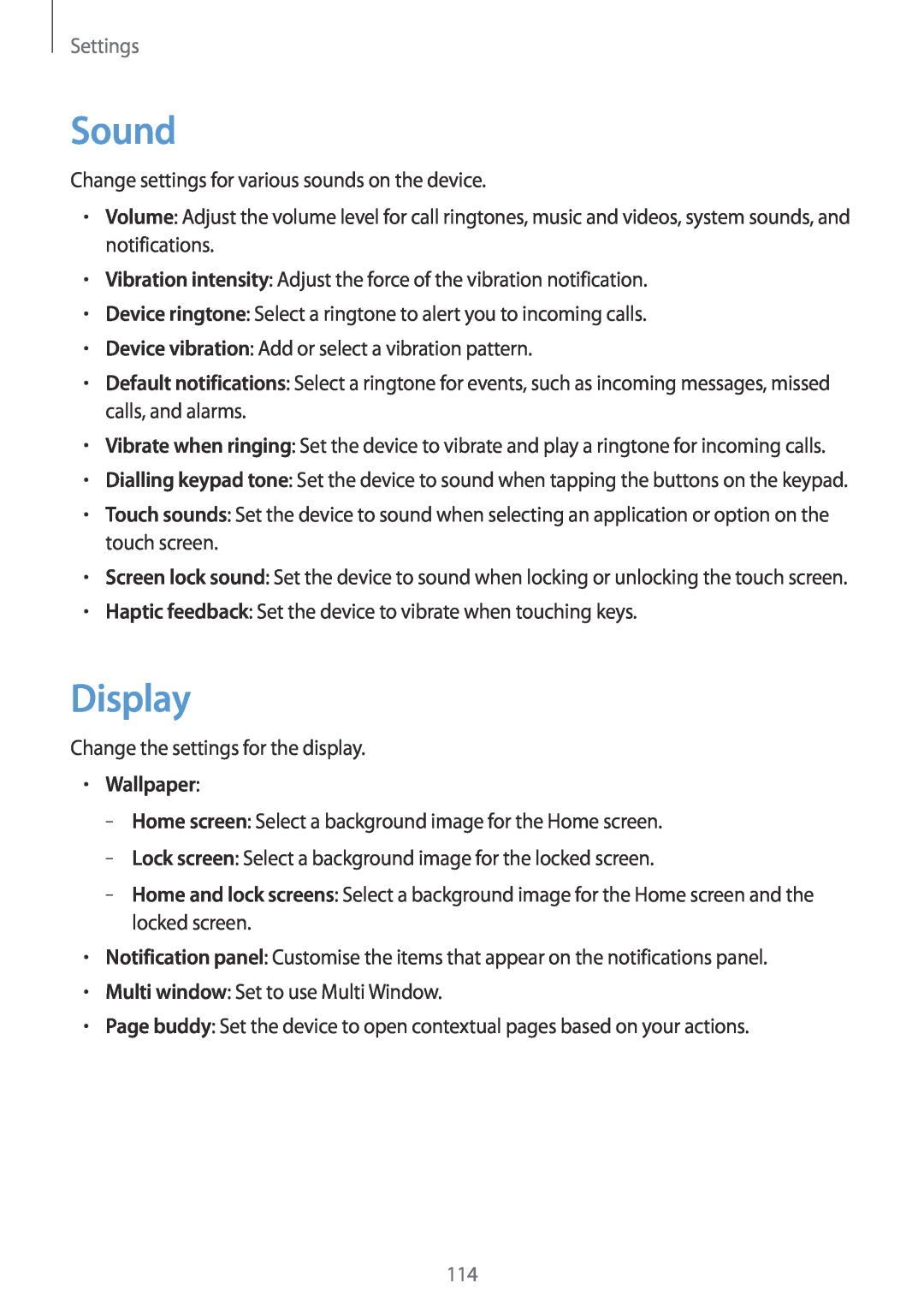 Samsung GT-N5100 user manual Sound, Display, Wallpaper, Settings 