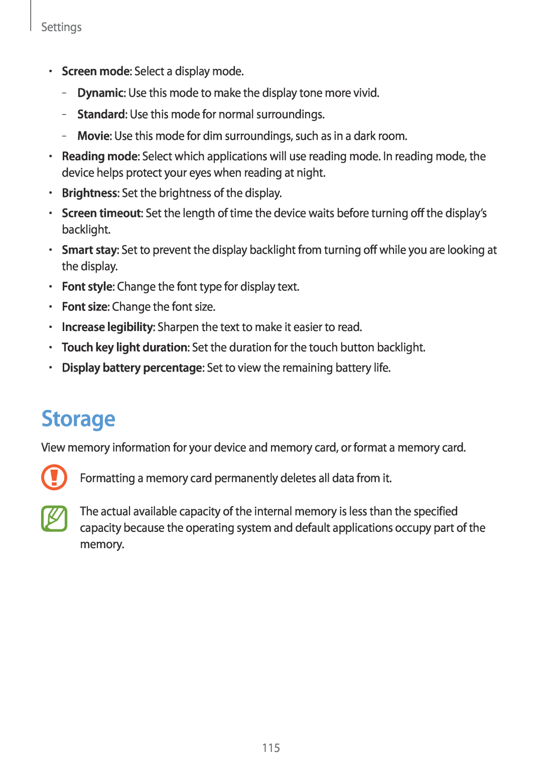 Samsung GT-N5100 user manual Storage, Settings 