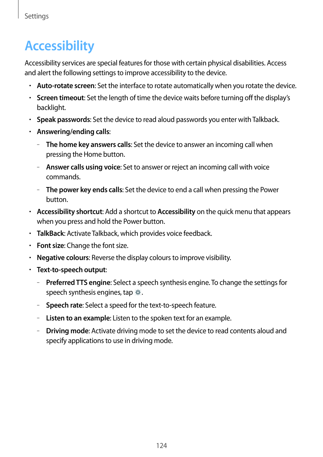 Samsung GT-N5100 user manual Accessibility, Answering/ending calls, Text-to-speech output, Settings 