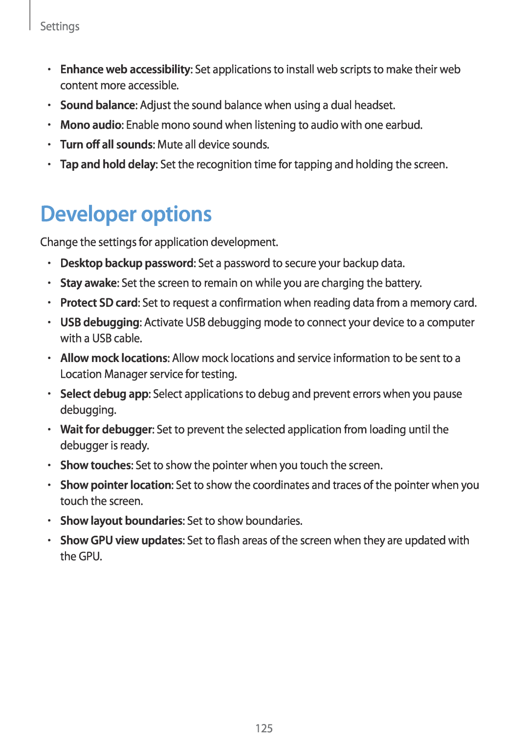 Samsung GT-N5100 user manual Developer options, Settings 