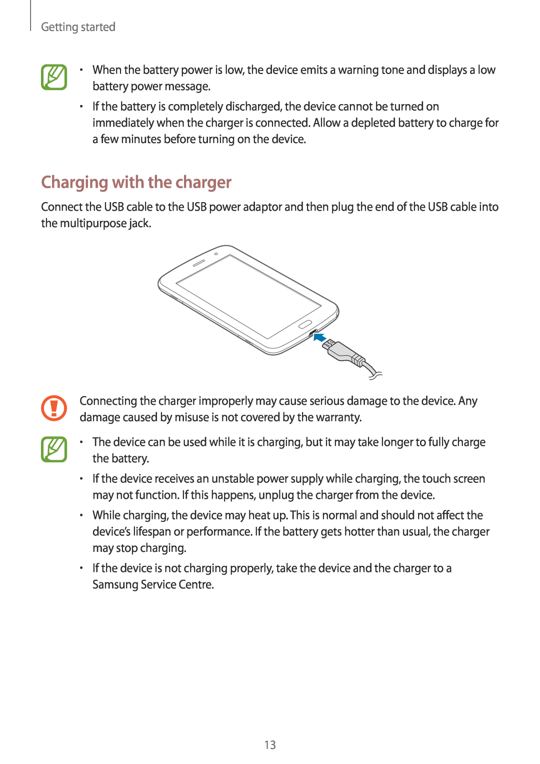 Samsung GT-N5100 user manual Charging with the charger, Getting started 