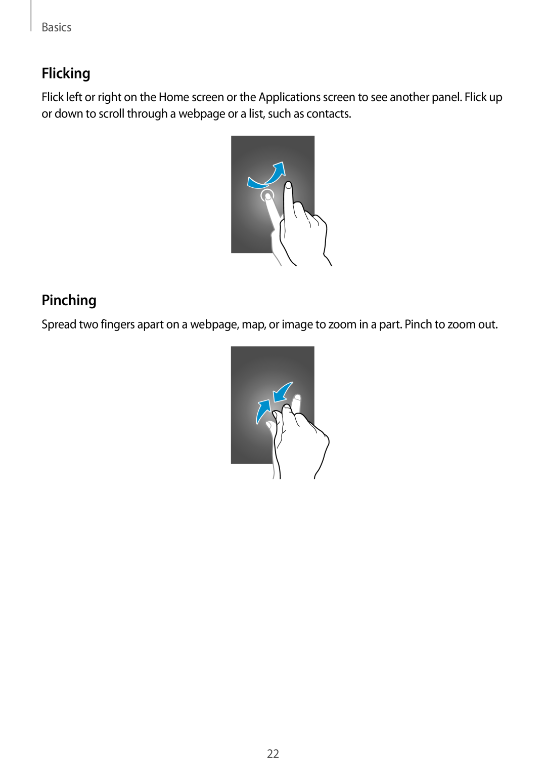 Samsung GT-N5100 user manual Flicking, Pinching, Basics 