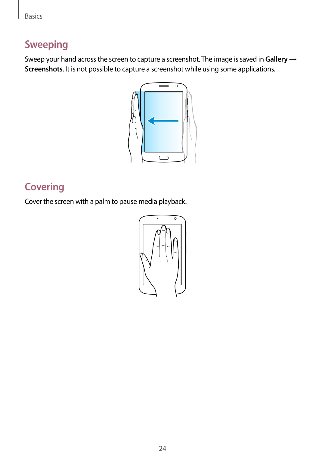 Samsung GT-N5100 user manual Sweeping, Covering, Basics, Cover the screen with a palm to pause media playback 