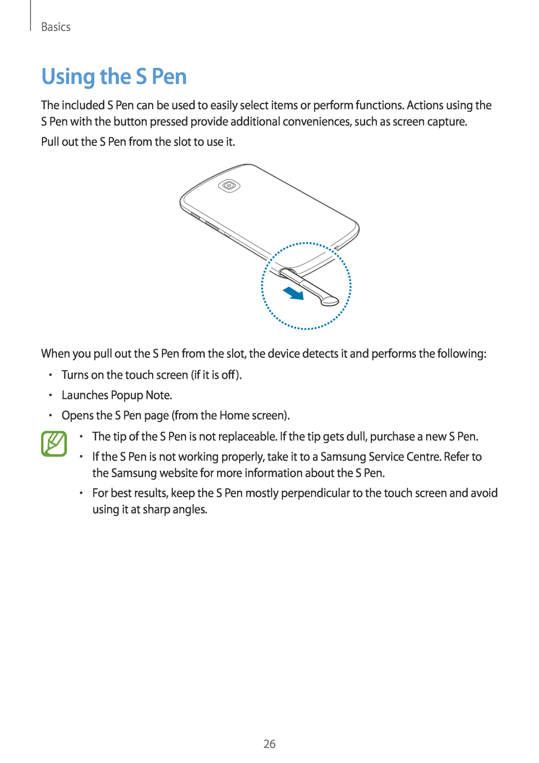Samsung GT-N5100 user manual Using the S Pen, Basics 