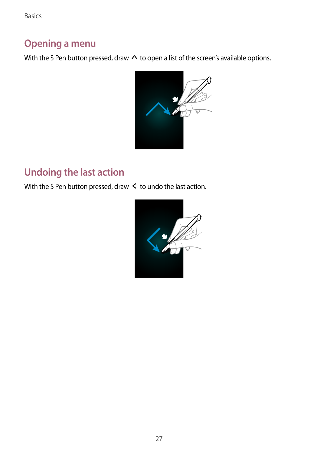 Samsung GT-N5100 user manual Opening a menu, Undoing the last action, Basics 