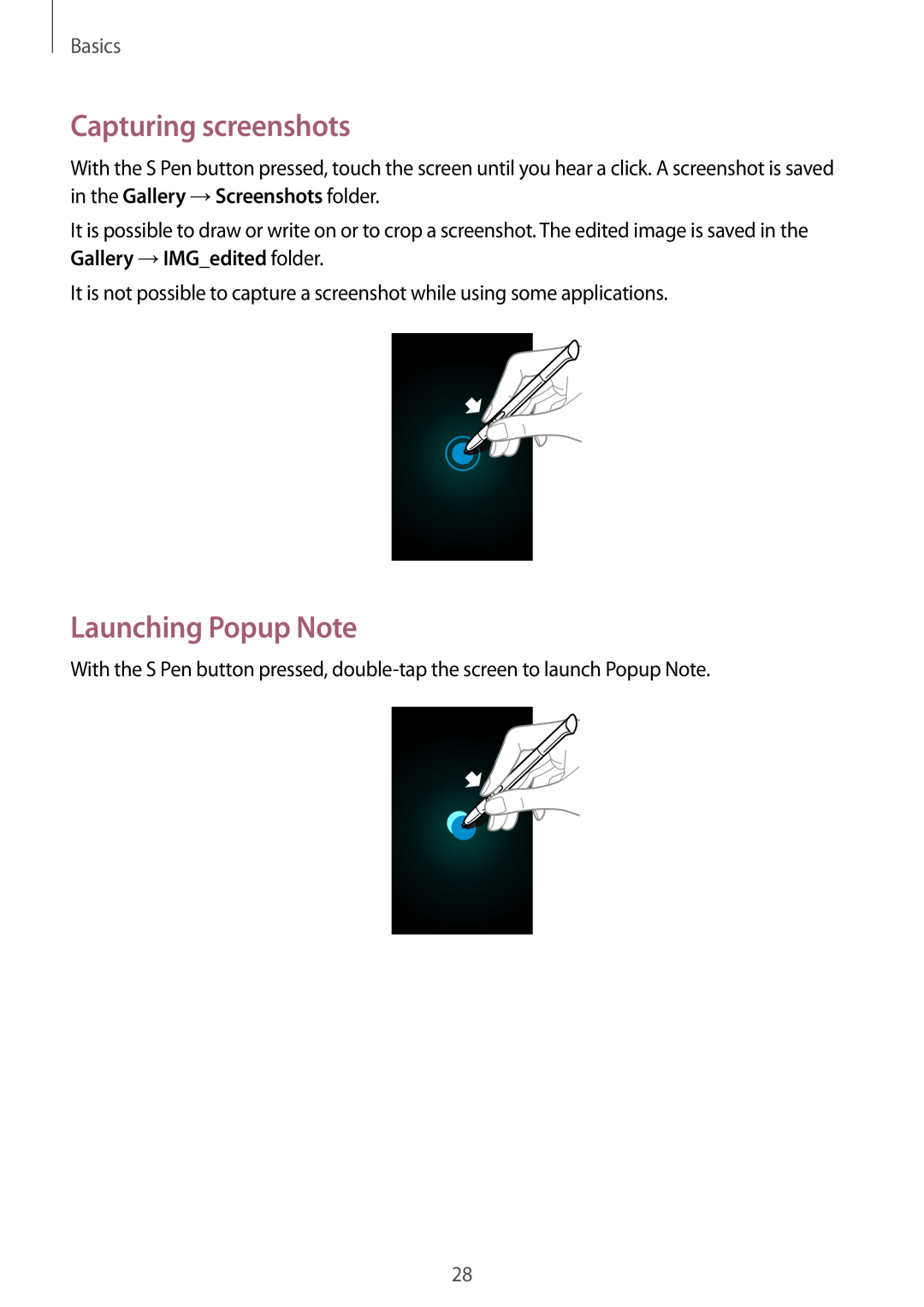 Samsung GT-N5100 user manual Capturing screenshots, Launching Popup Note, Basics 