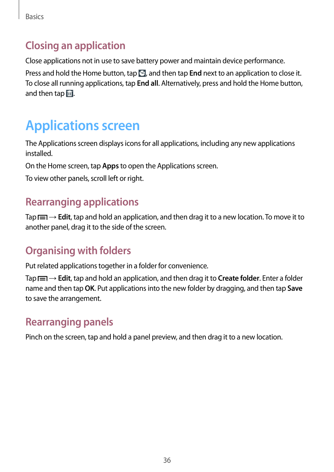 Samsung GT-N5100 Applications screen, Closing an application, Rearranging applications, Organising with folders, Basics 