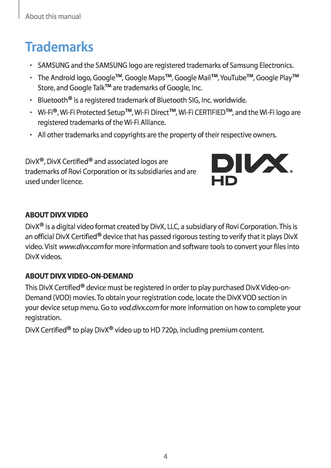 Samsung GT-N5100 user manual Trademarks, About Divx Video-On-Demand, About this manual 