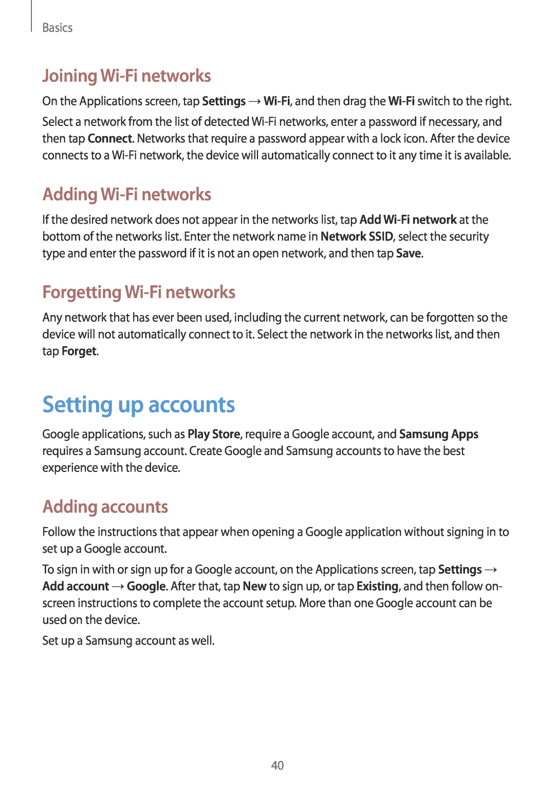 Samsung GT-N5100 Setting up accounts, Joining Wi-Fi networks, Adding Wi-Fi networks, Forgetting Wi-Fi networks, Basics 
