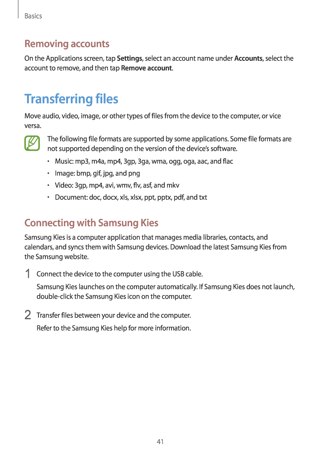 Samsung GT-N5100 user manual Transferring files, Removing accounts, Connecting with Samsung Kies, Basics 