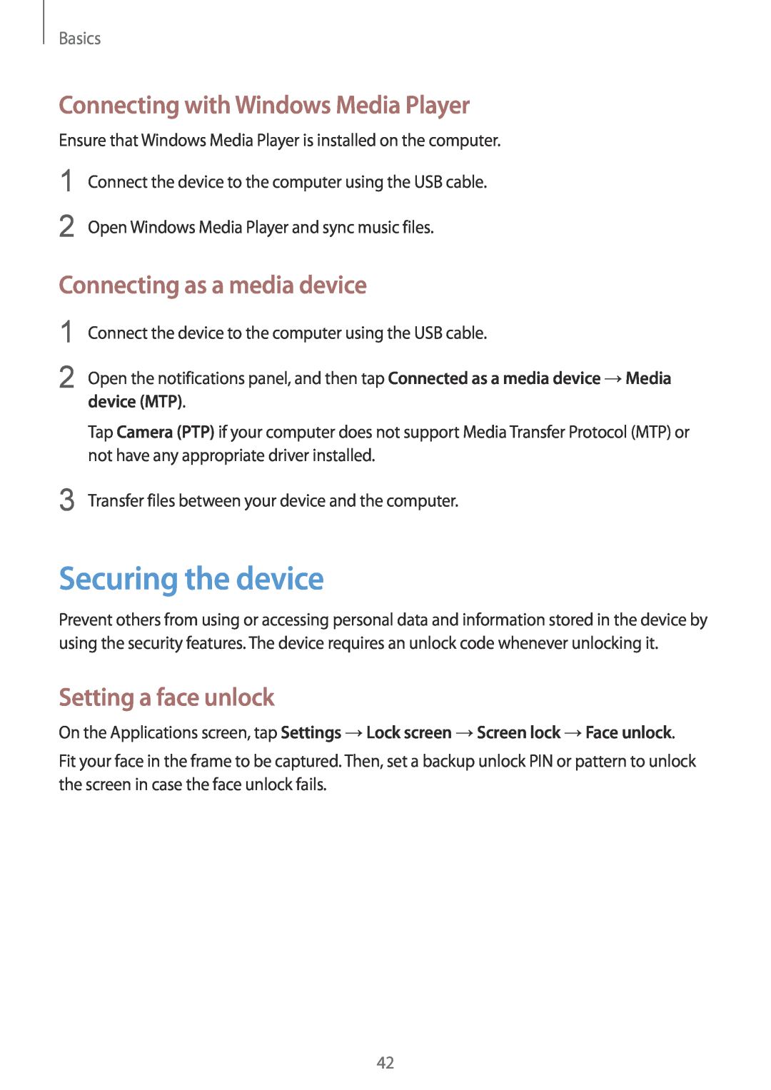 Samsung GT-N5100 Securing the device, Connecting with Windows Media Player, Connecting as a media device, device MTP 