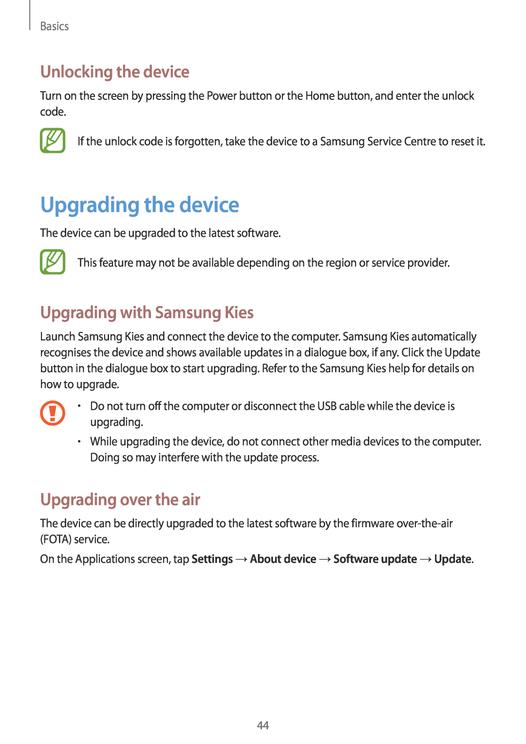 Samsung GT-N5100 Upgrading the device, Unlocking the device, Upgrading with Samsung Kies, Upgrading over the air, Basics 