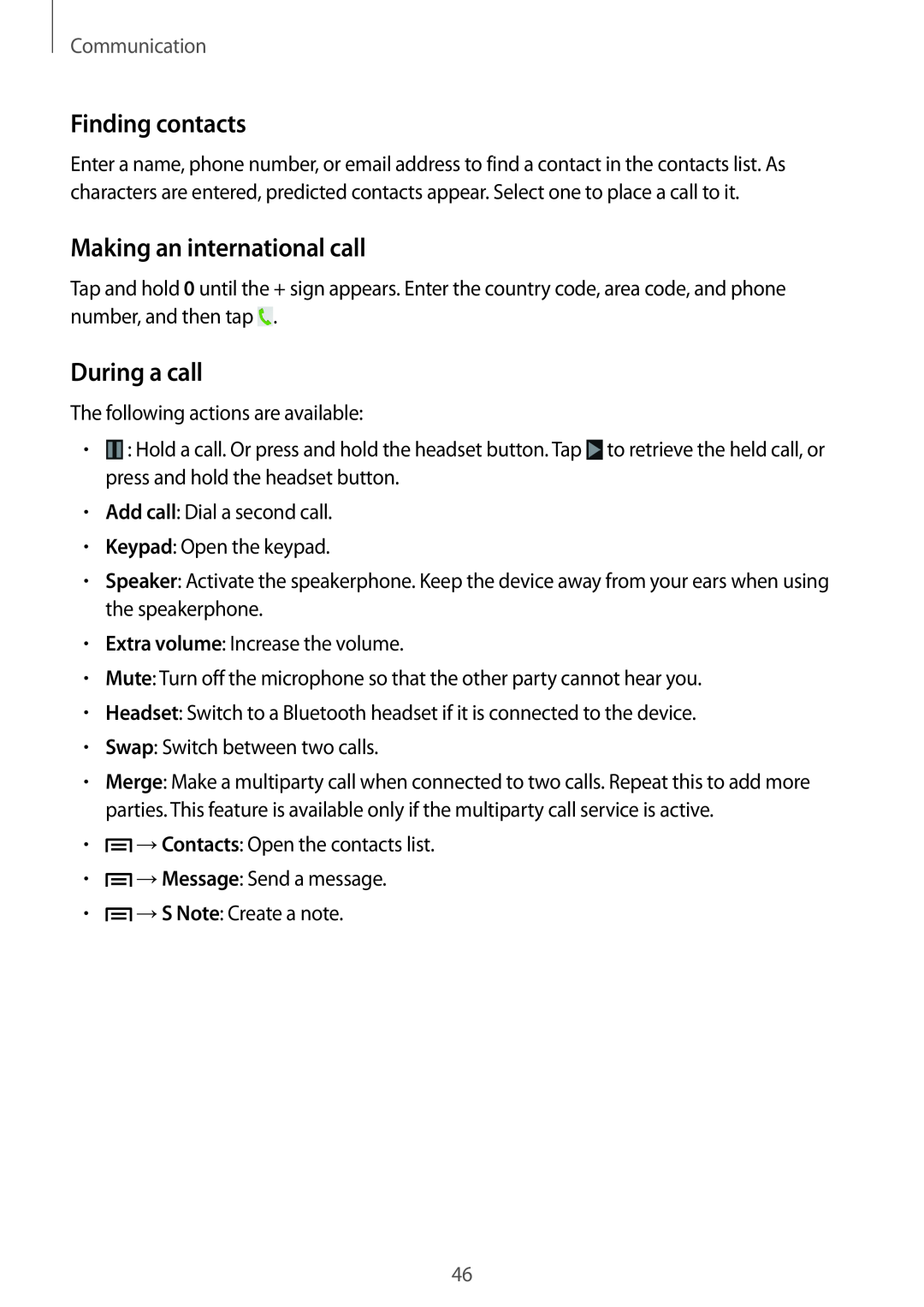 Samsung GT-N5100 user manual Finding contacts, Making an international call, During a call, Communication 