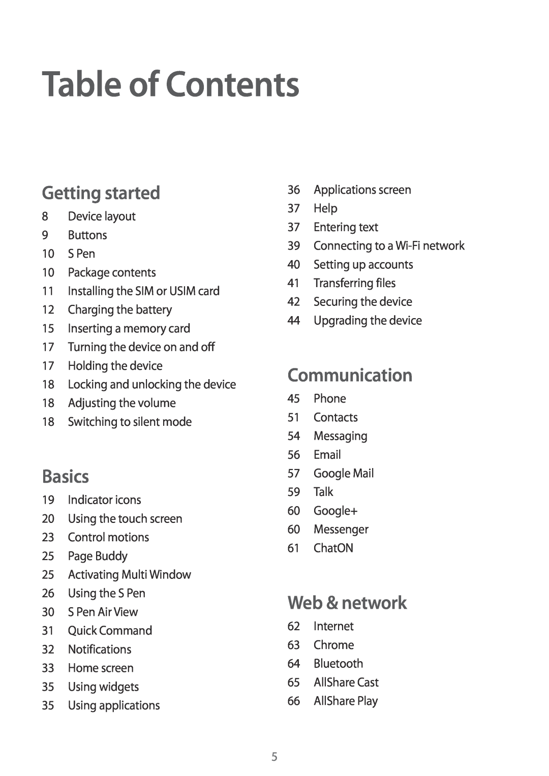 Samsung GT-N5100 user manual Table of Contents, Getting started, Basics, Communication, Web & network 