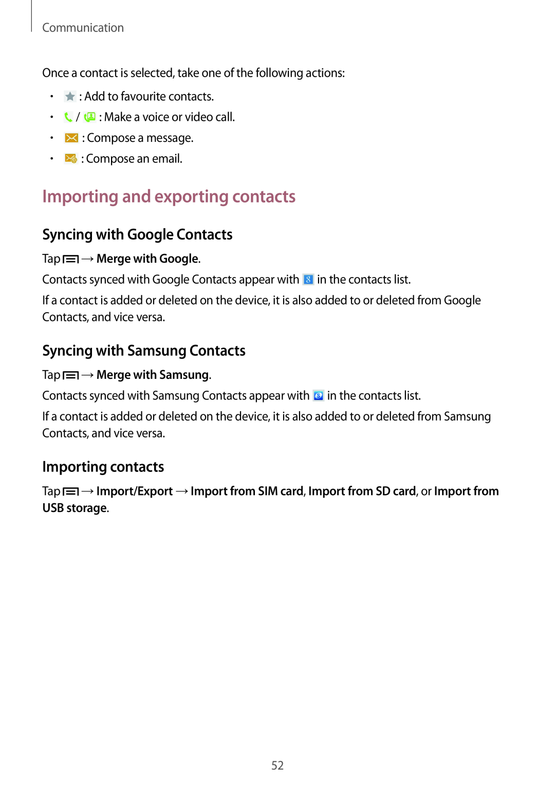 Samsung GT-N5100 user manual Importing and exporting contacts, Syncing with Google Contacts, Syncing with Samsung Contacts 