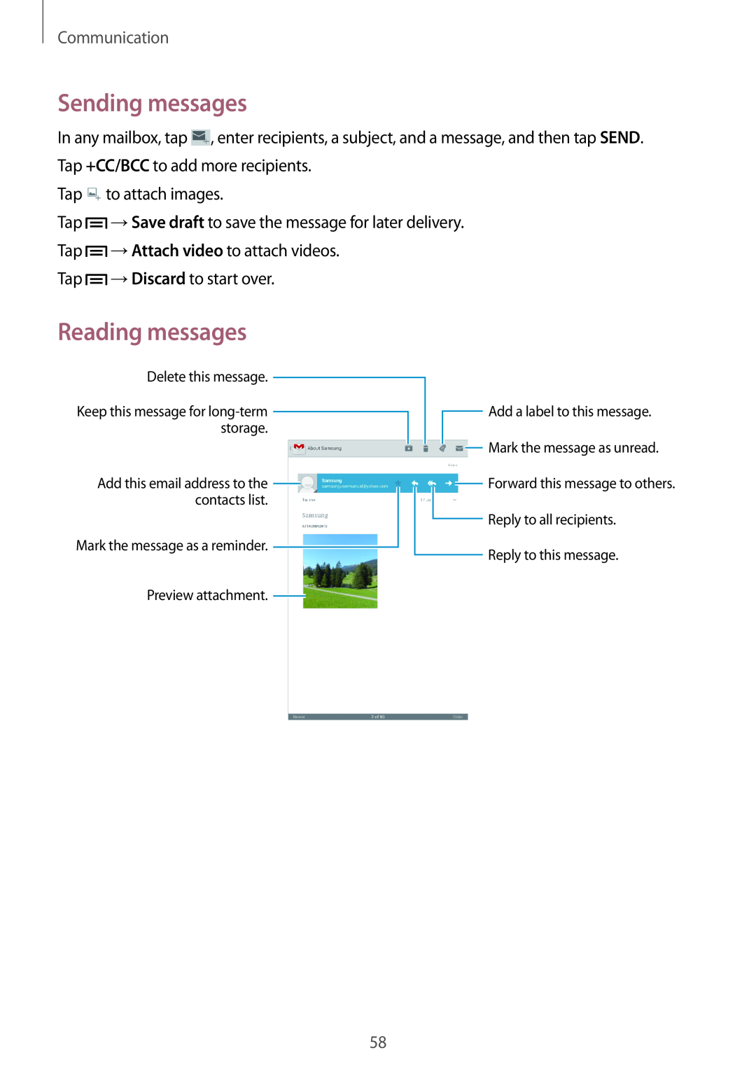 Samsung GT-N5100 user manual Sending messages, Reading messages, Communication, Tap to attach images 