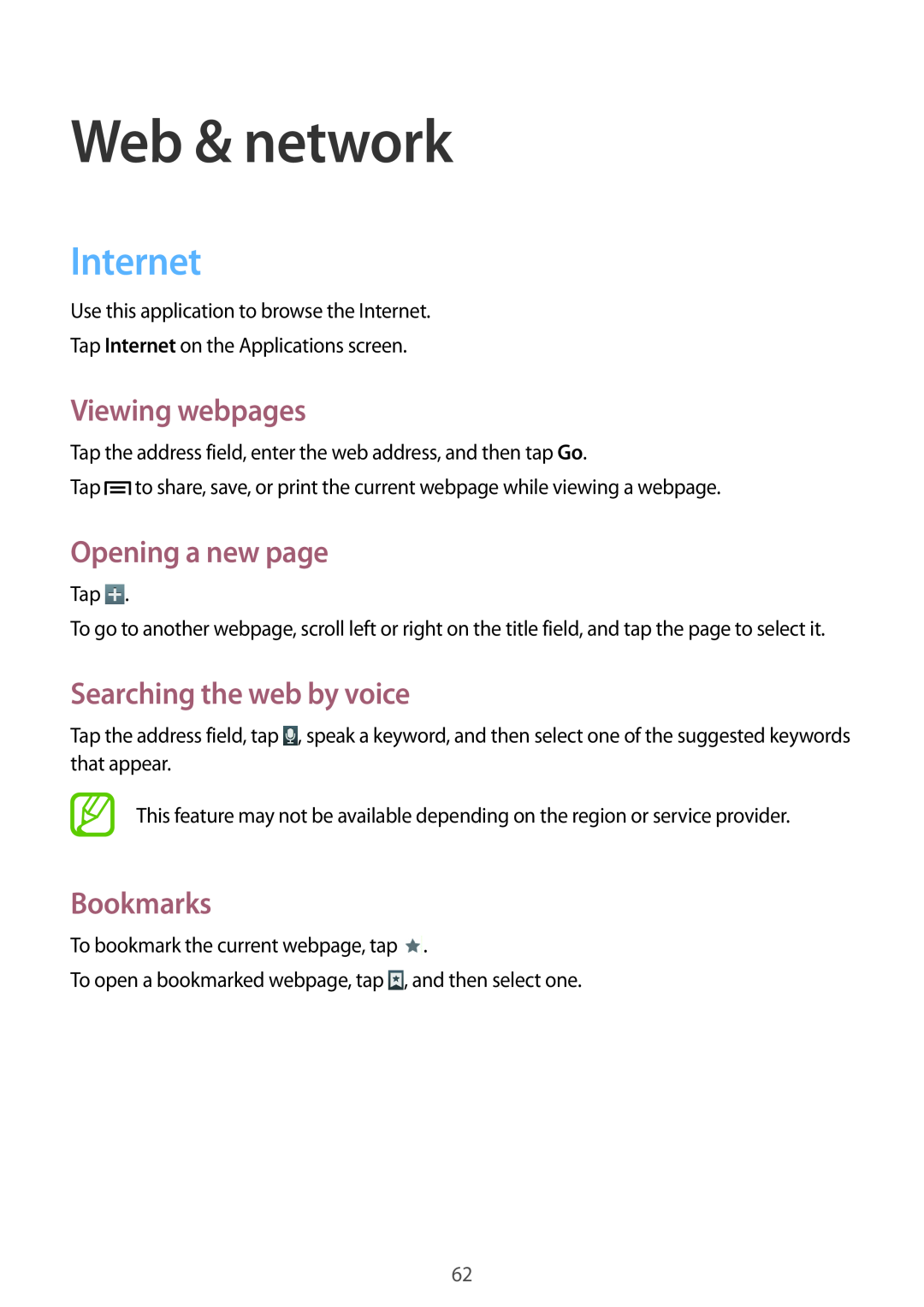 Samsung GT-N5100 Web & network, Internet, Viewing webpages, Opening a new page, Searching the web by voice, Bookmarks 