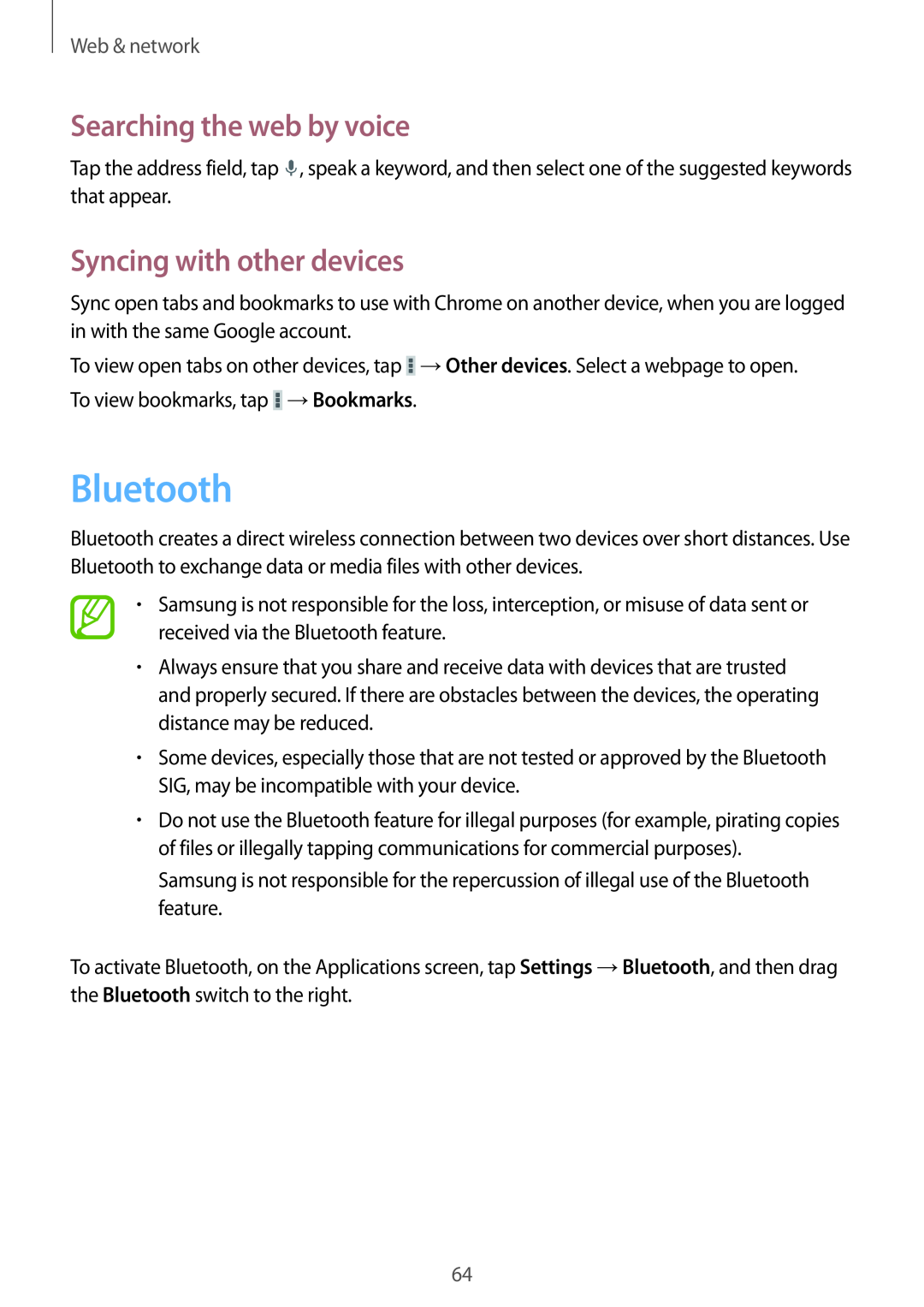 Samsung GT-N5100 user manual Bluetooth, Syncing with other devices, Searching the web by voice, Web & network 