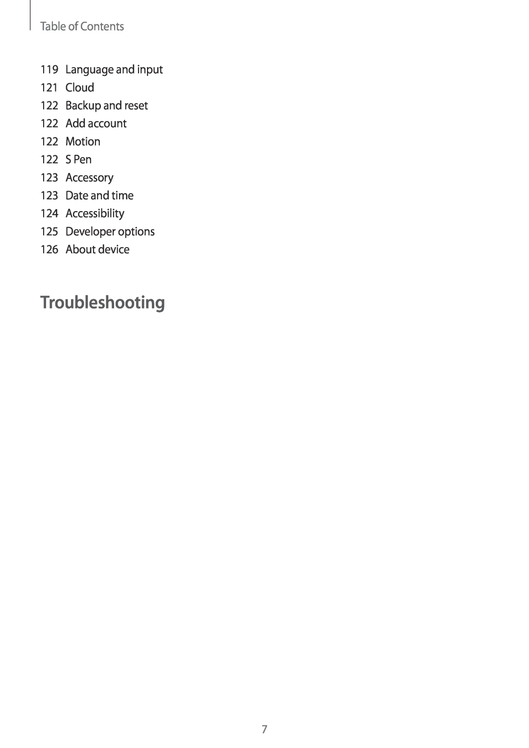 Samsung GT-N5100 Troubleshooting, Table of Contents, Language and input 121 Cloud 122 Backup and reset 122 Add account 