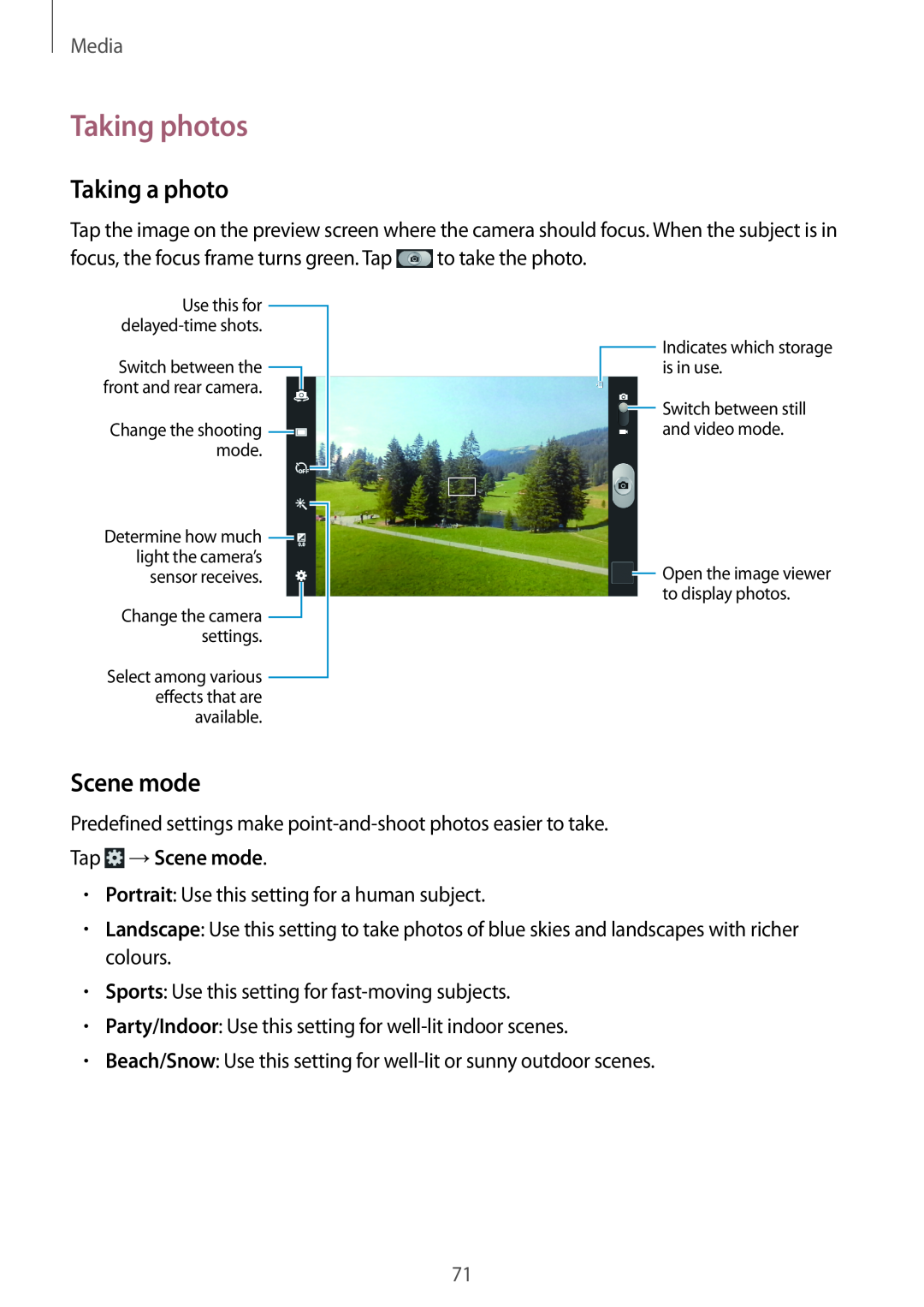 Samsung GT-N5100 user manual Taking photos, Taking a photo, Tap →Scene mode, Media 