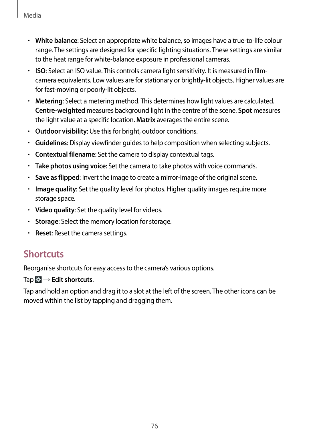 Samsung GT-N5100 user manual Shortcuts, Tap →Edit shortcuts, Media 