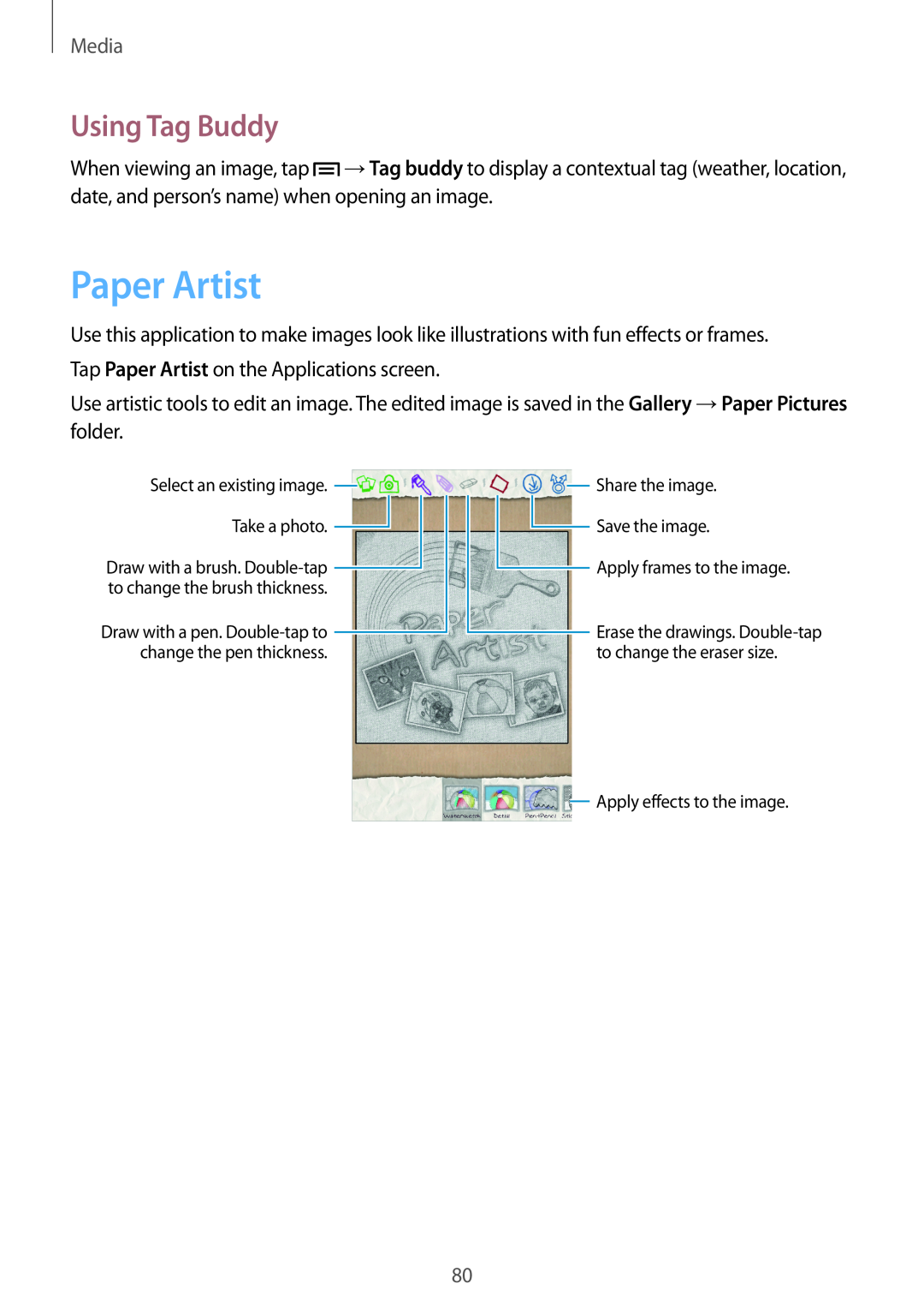 Samsung GT-N5100 user manual Paper Artist, Using Tag Buddy, Media 