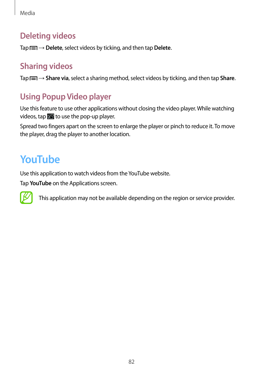 Samsung GT-N5100 user manual YouTube, Deleting videos, Sharing videos, Using Popup Video player, Media 