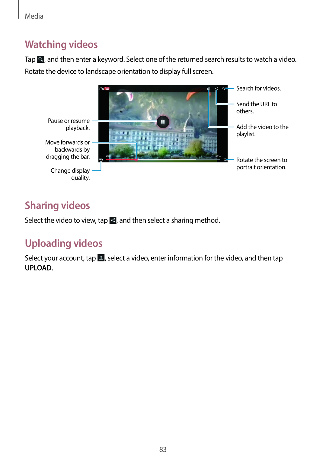 Samsung GT-N5100 user manual Watching videos, Uploading videos, Sharing videos, Media 