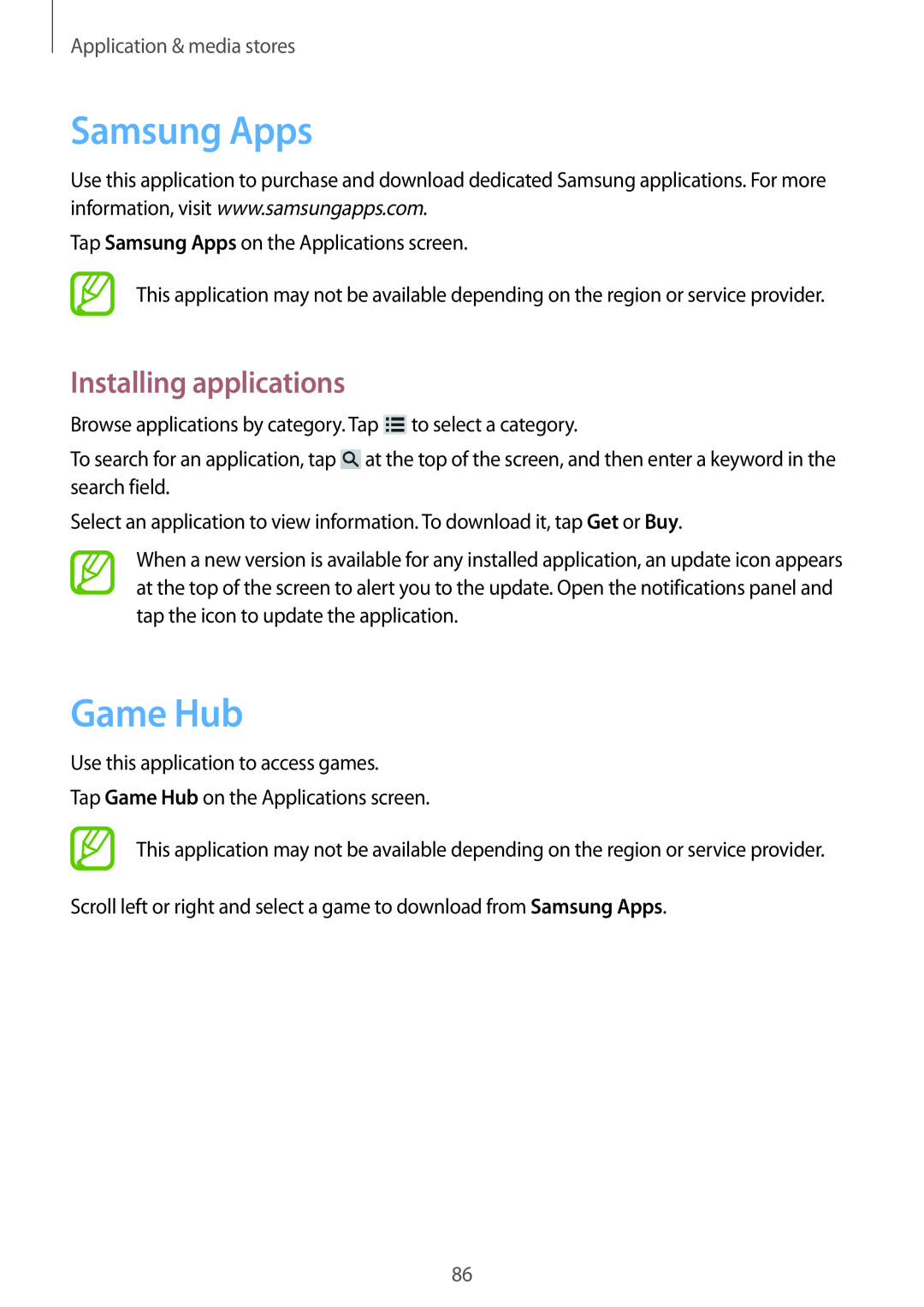 Samsung GT-N5100 user manual Samsung Apps, Game Hub, Application & media stores, Installing applications 