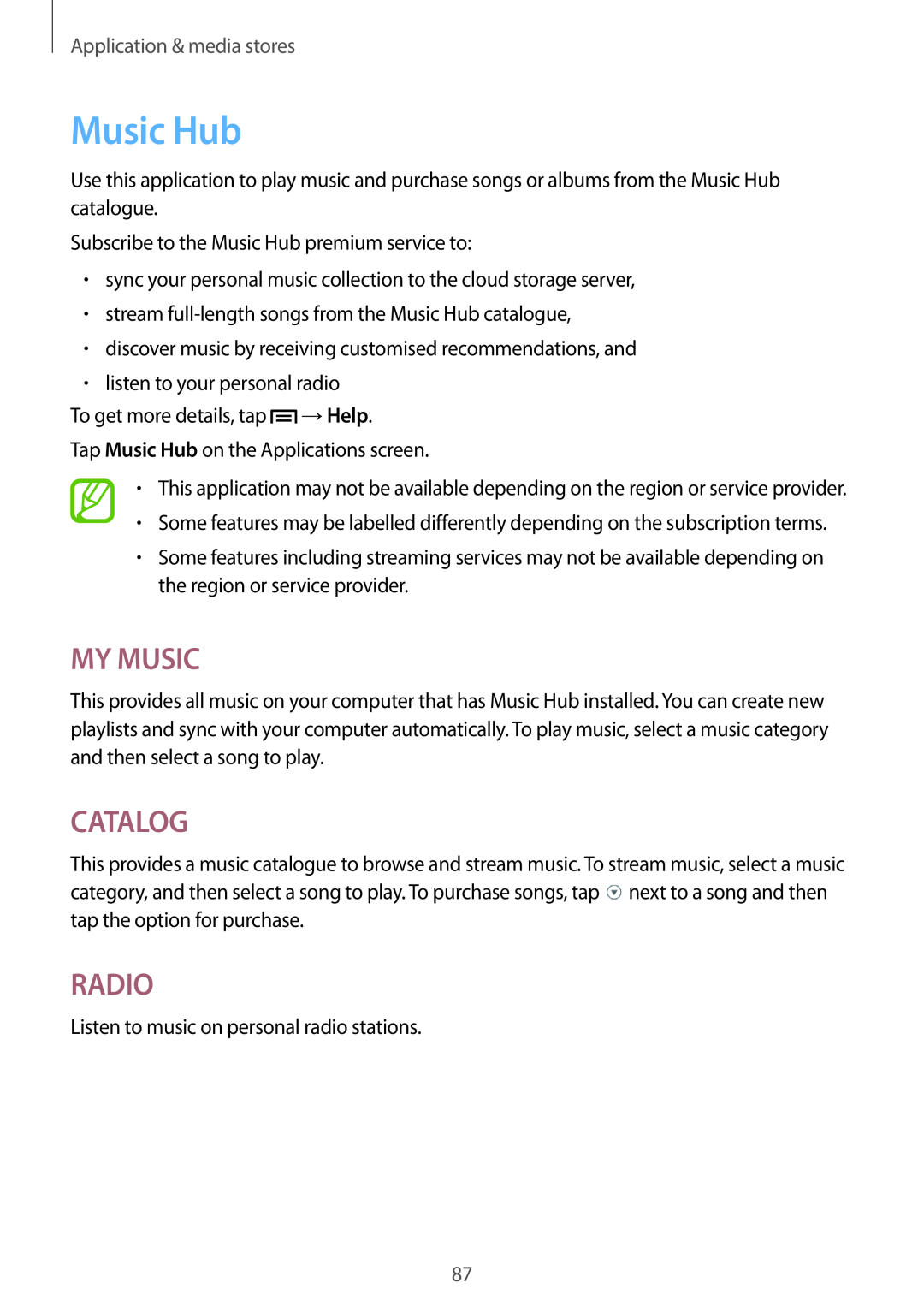 Samsung GT-N5100 user manual Music Hub, My Music, Catalog, Radio, Application & media stores 