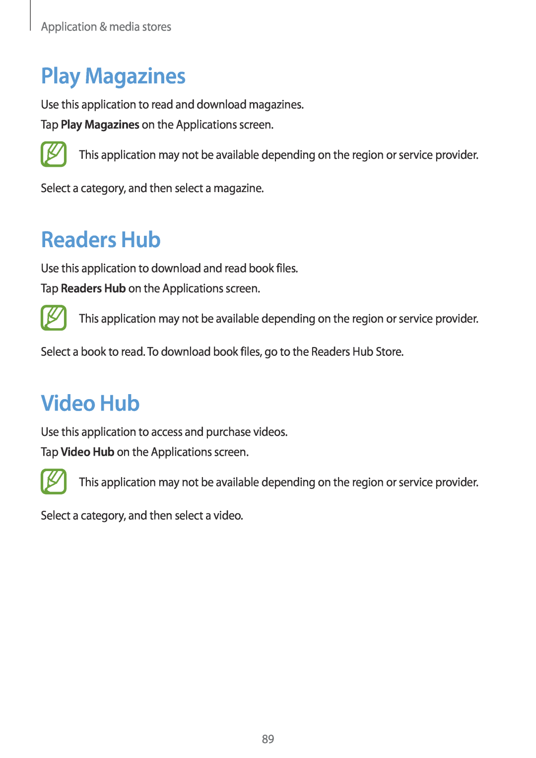 Samsung GT-N5100 user manual Play Magazines, Readers Hub, Video Hub, Application & media stores 