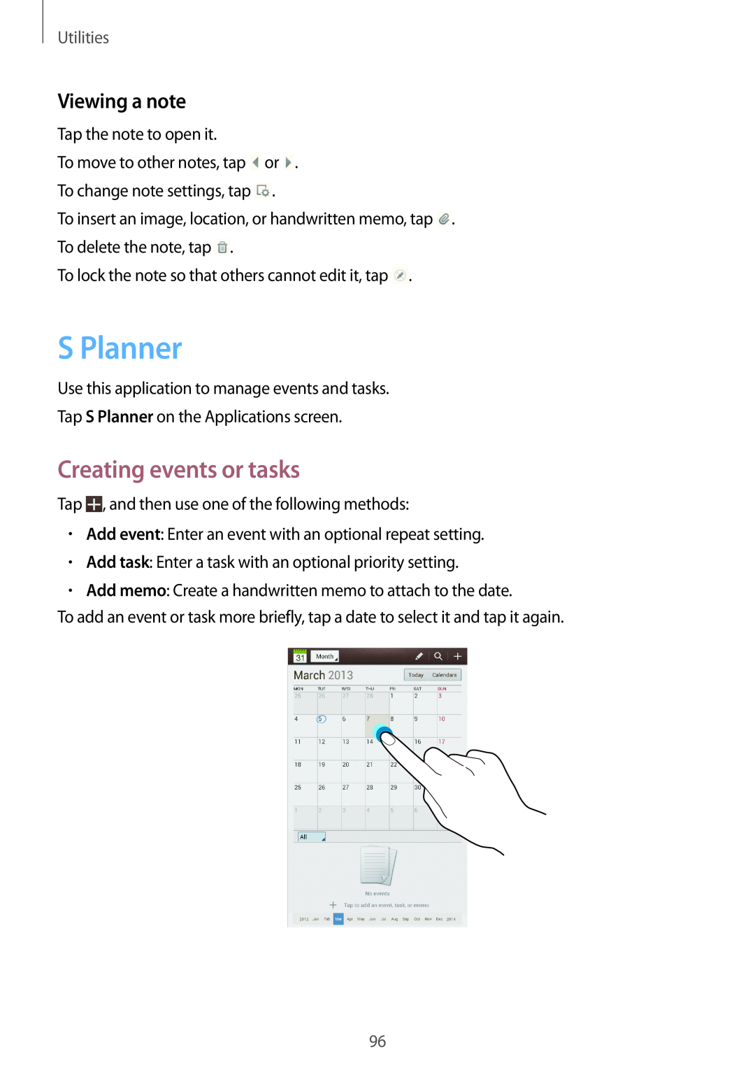 Samsung GT-N5100 user manual S Planner, Creating events or tasks, Viewing a note, Utilities 