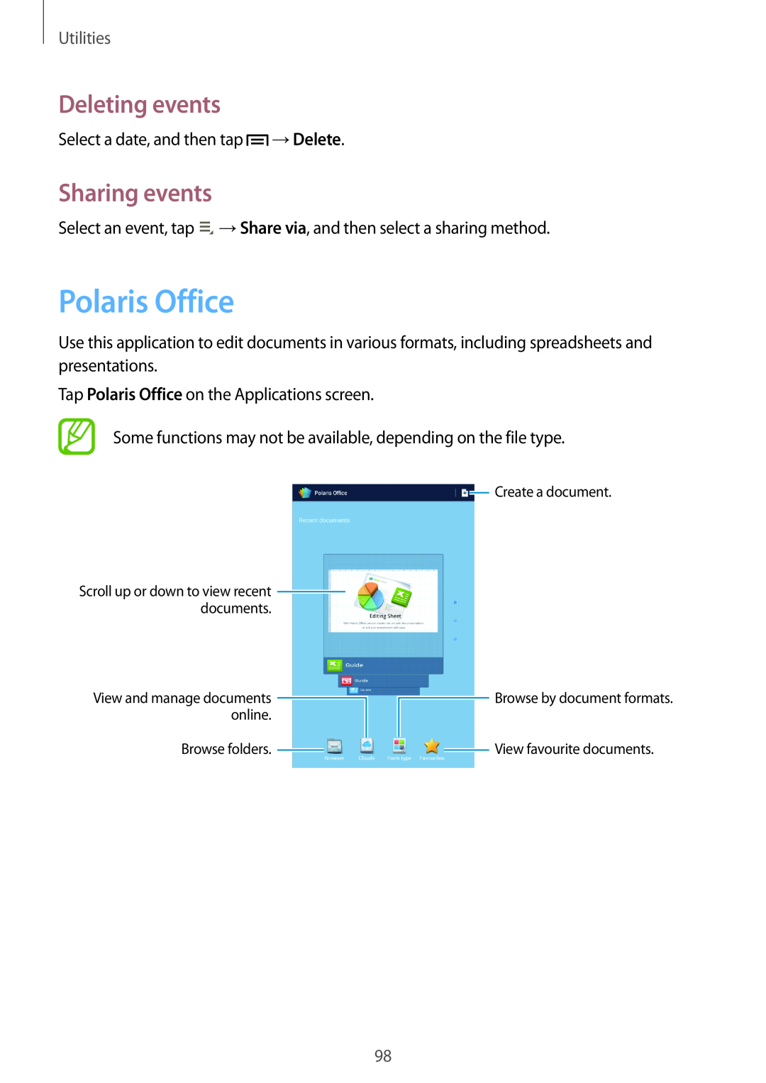 Samsung GT-N5100 user manual Polaris Office, Deleting events, Sharing events, Utilities 