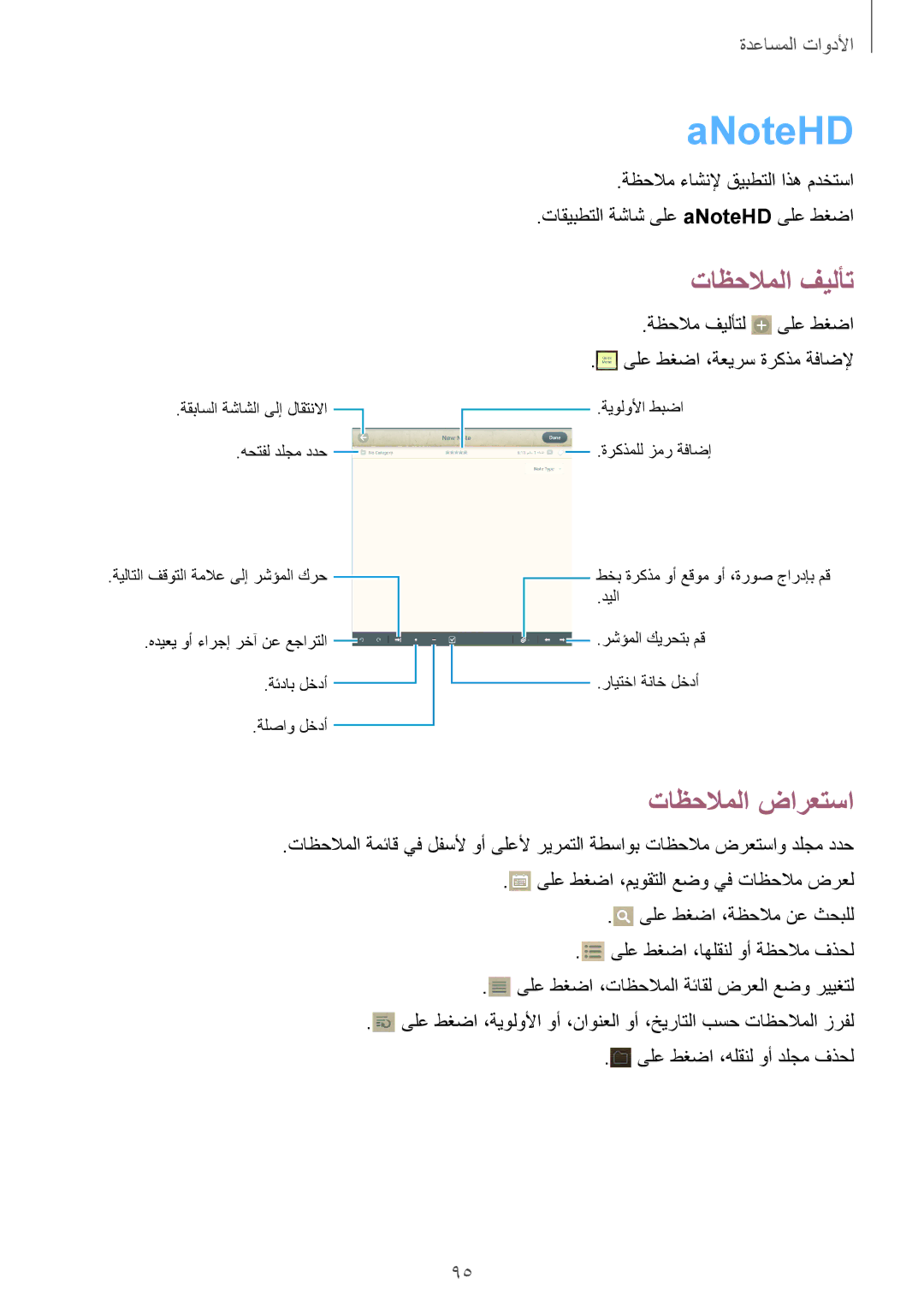 Samsung GT-N5100ZWAKSA, GT-N5100NKAKSA manual ANoteHD, ةظحلام فيلأتل ىلع طغضا ىلع طغضا ،ةعيرس ةركذم ةفاضلإ 