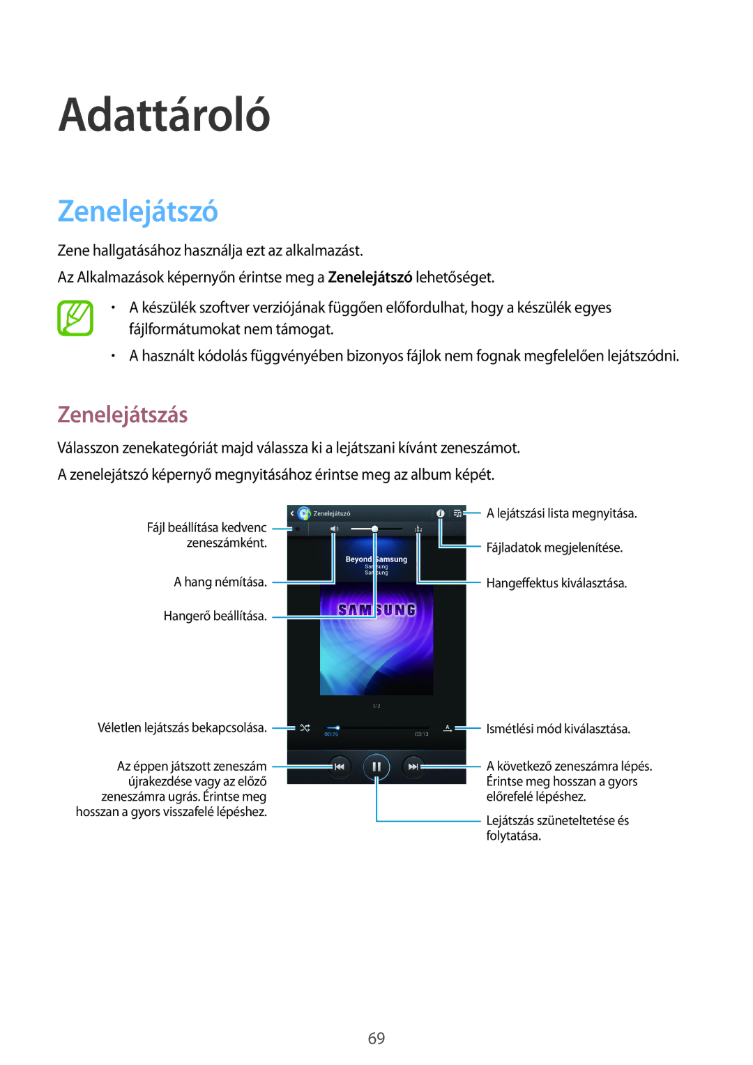 Samsung GT-N5100ZWAXEH, GT-N5100ZWADBT, GT-N5100NKAATO, GT-N5100ZWAXEZ manual Adattároló, Zenelejátszó, Zenelejátszás 