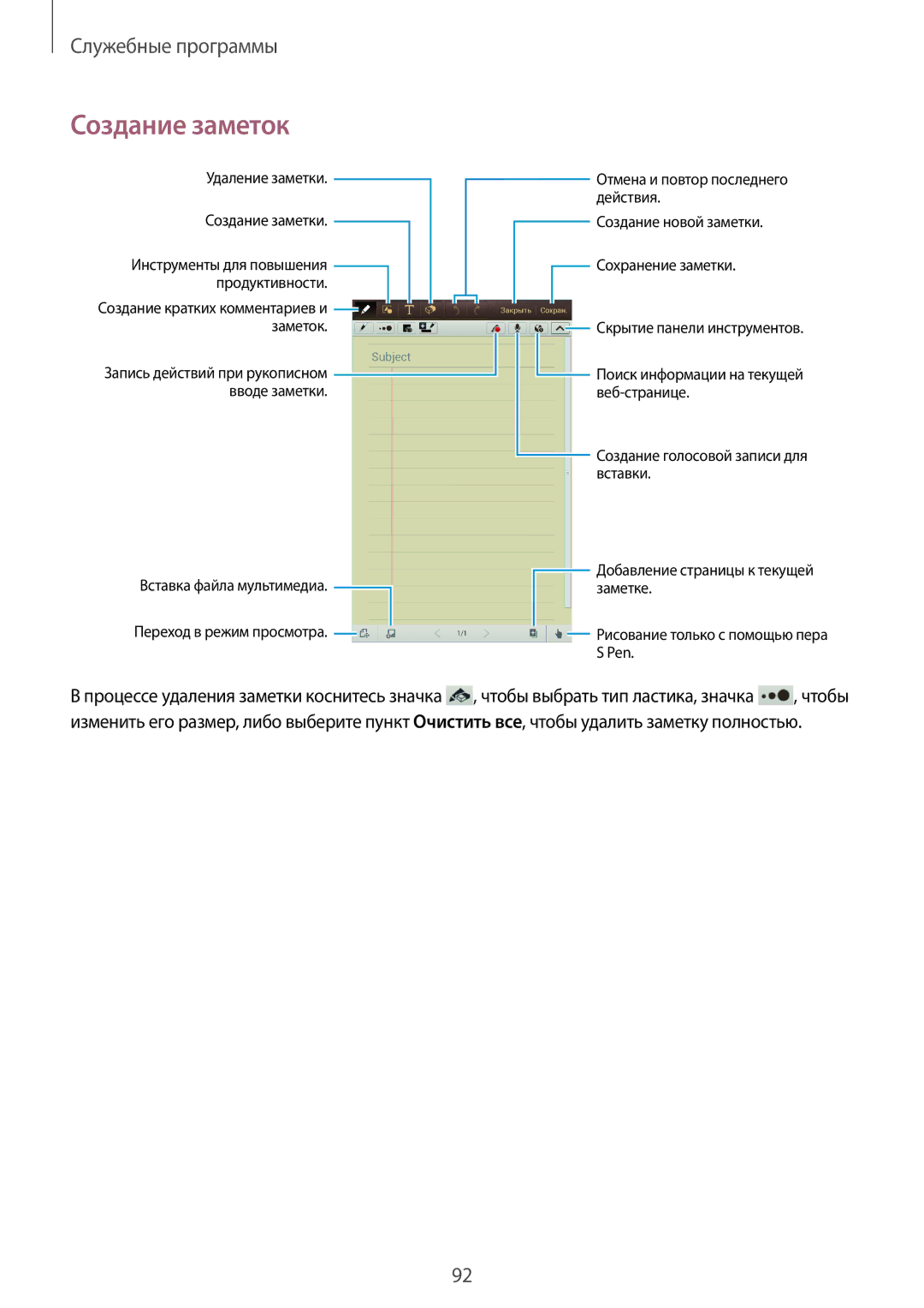 Samsung GT-N5100MKASER, GT-N5100ZWASEB, GT-N5100NKASEB, GT-N5100ZWAMGF Создание заметок, Удаление заметки Создание заметки 