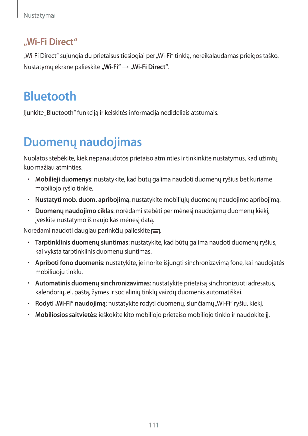 Samsung GT-N5100NKASEB, GT-N5100ZWASEB manual Bluetooth, Duomenų naudojimas, „Wi-Fi Direct 