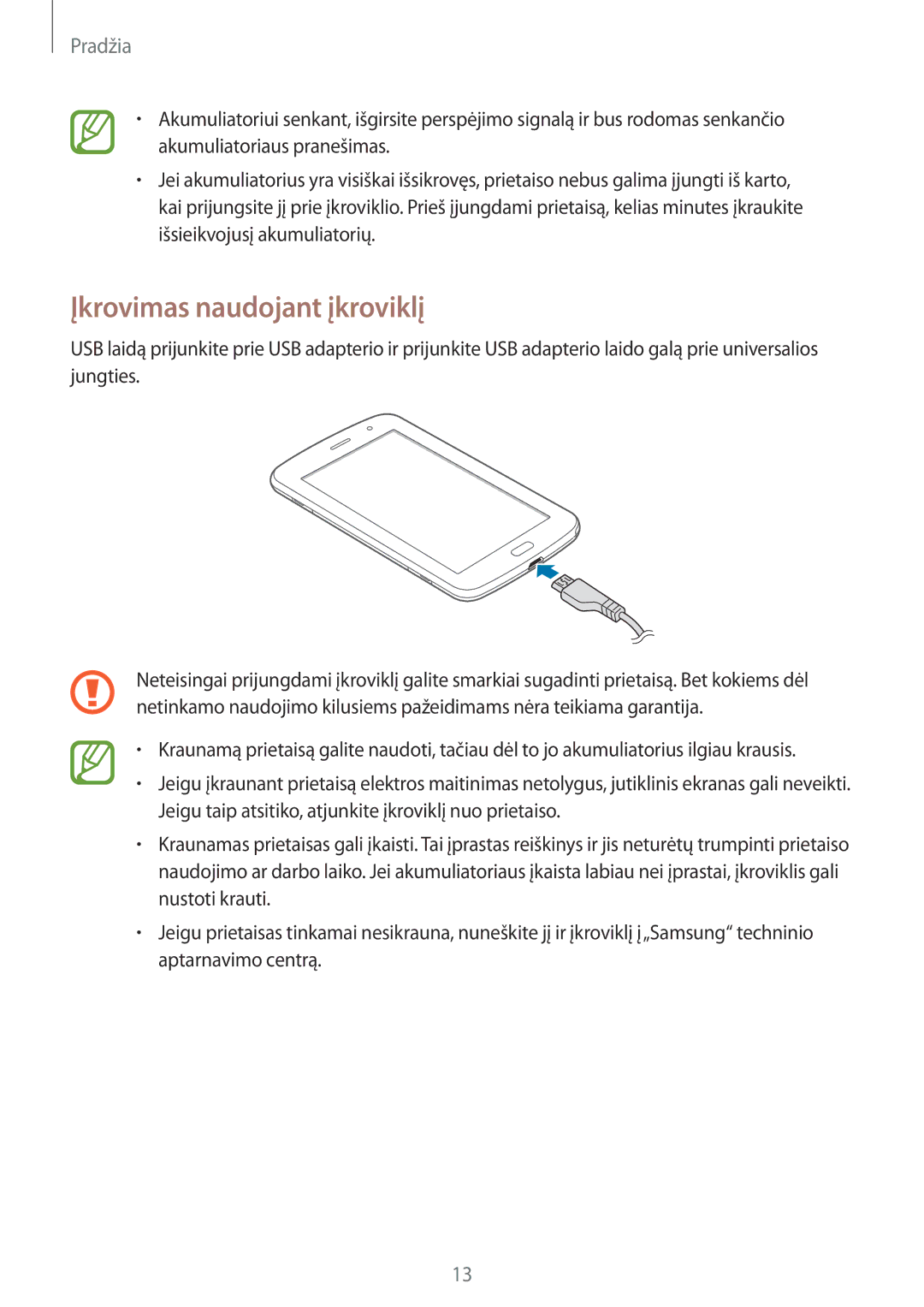 Samsung GT-N5100NKASEB, GT-N5100ZWASEB manual Įkrovimas naudojant įkroviklį 