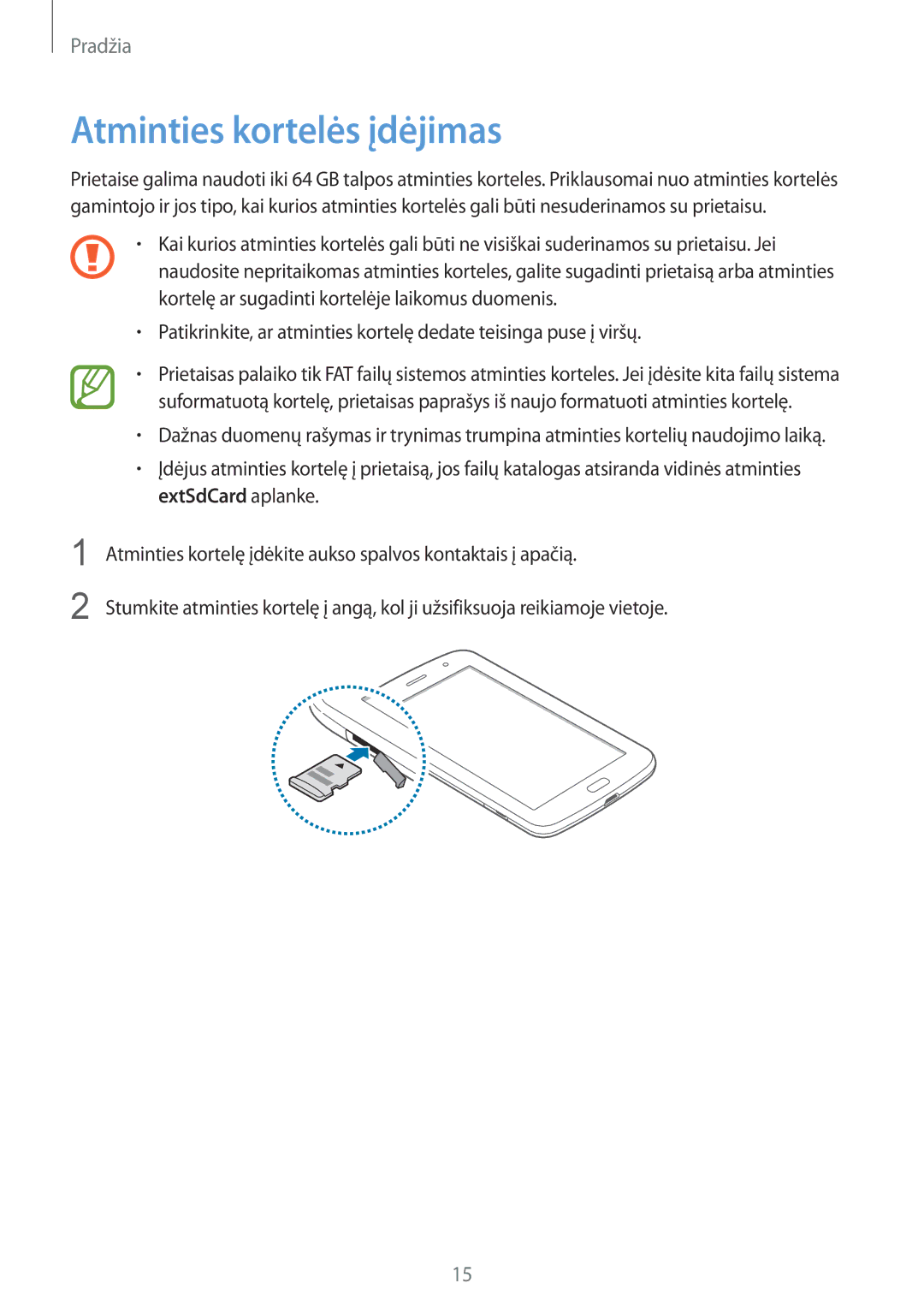 Samsung GT-N5100NKASEB, GT-N5100ZWASEB manual Atminties kortelės įdėjimas 