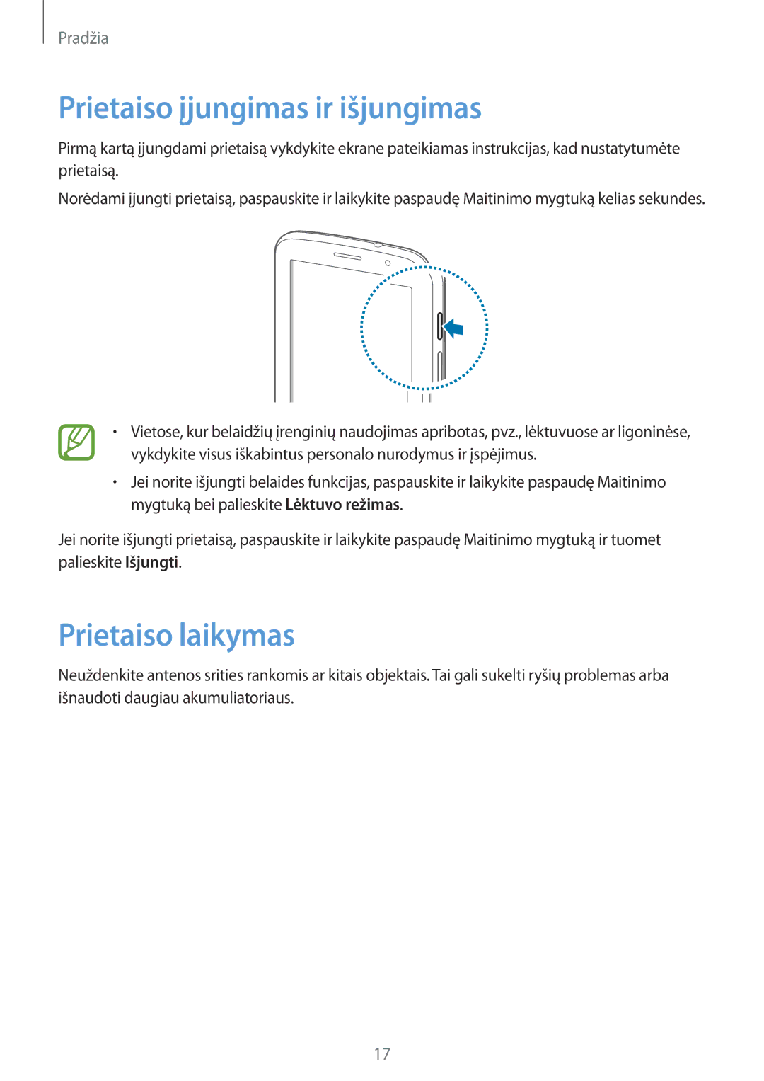 Samsung GT-N5100NKASEB, GT-N5100ZWASEB manual Prietaiso įjungimas ir išjungimas, Prietaiso laikymas 