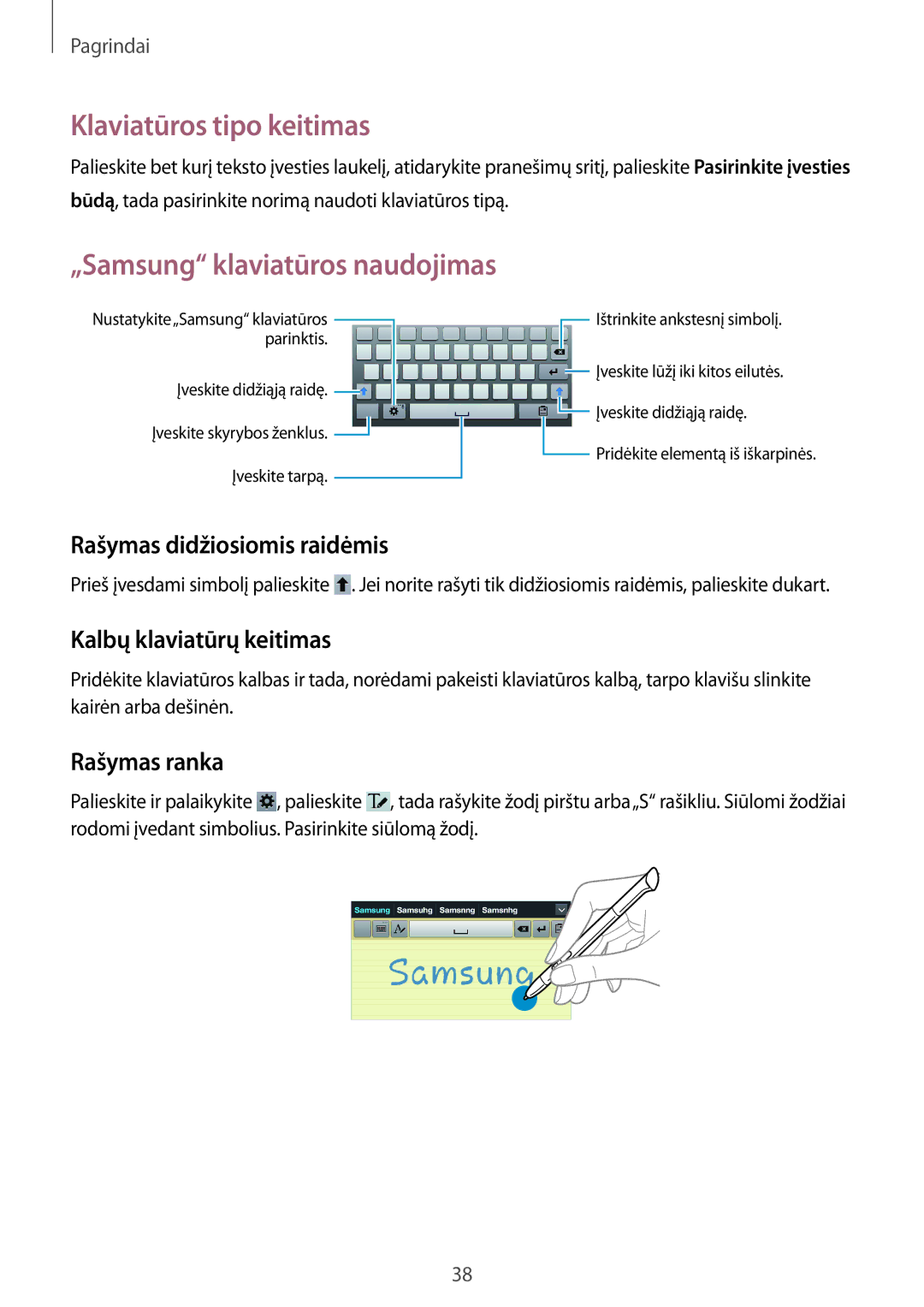 Samsung GT-N5100ZWASEB manual Klaviatūros tipo keitimas, „Samsung klaviatūros naudojimas, Rašymas didžiosiomis raidėmis 