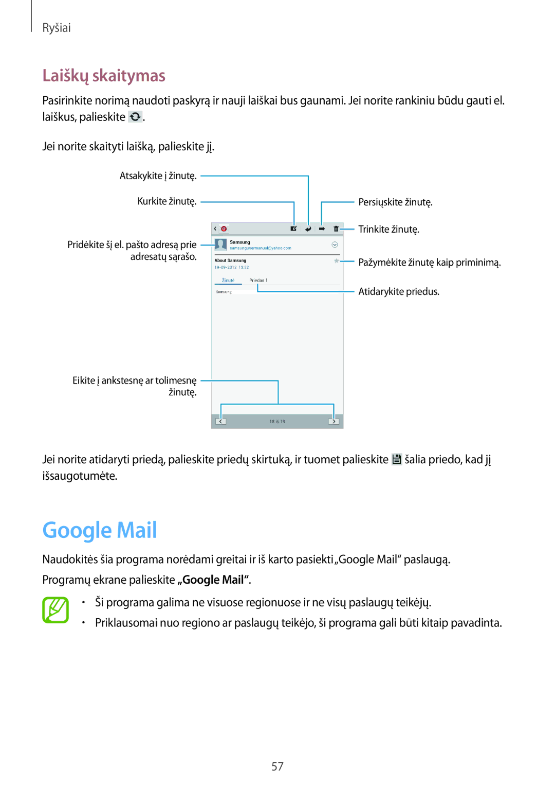 Samsung GT-N5100NKASEB, GT-N5100ZWASEB manual Google Mail, Laiškų skaitymas 